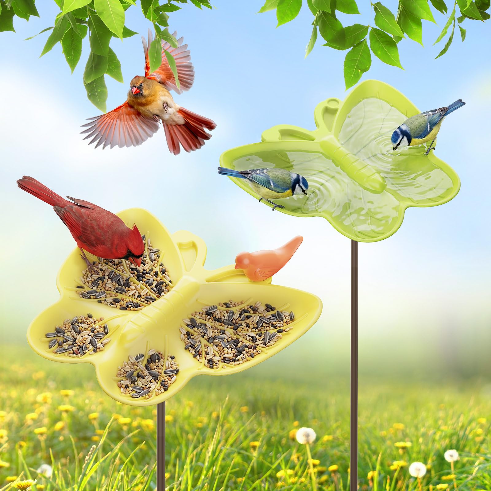 Kinsgyard 2 Pack Free Standing Tray Bird Feeders with Adjustable Pole, Wild Bird Feeder for Outdoor Garden Yard Decor, Large Seed Capacity, Easy to Clean and Refill, Yellow & Green