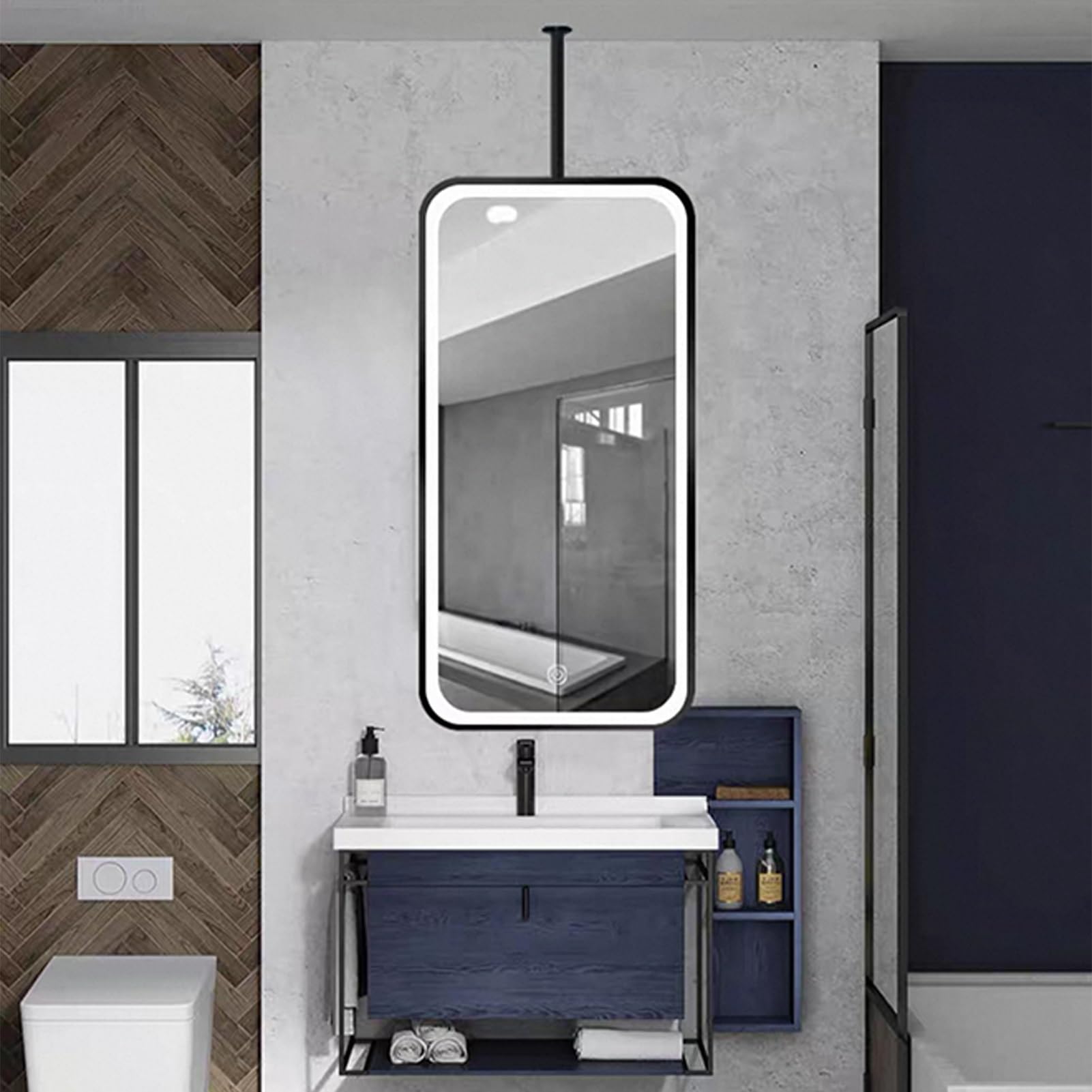 FGXHHS LED - Metal Framed Illuminated Light Up Rectangle Ceiling Hanging Wall Mounted Vanity Mirrors with 3 Colors Dimmable Black(40cmx70cm)