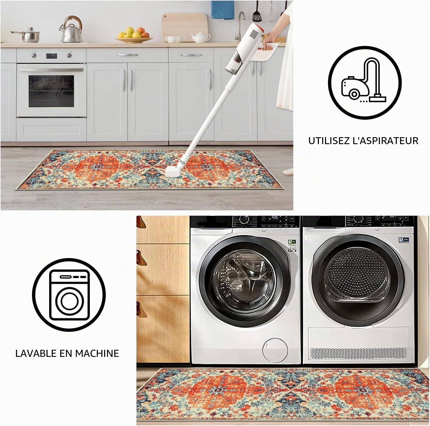Cekene Tapis de cuisine oriental, antidérapant, lavable, absorbant, style bohème, pour chambre à coucher, entrée, buanderie (50 x 80 cm + 50 x 120 cm)