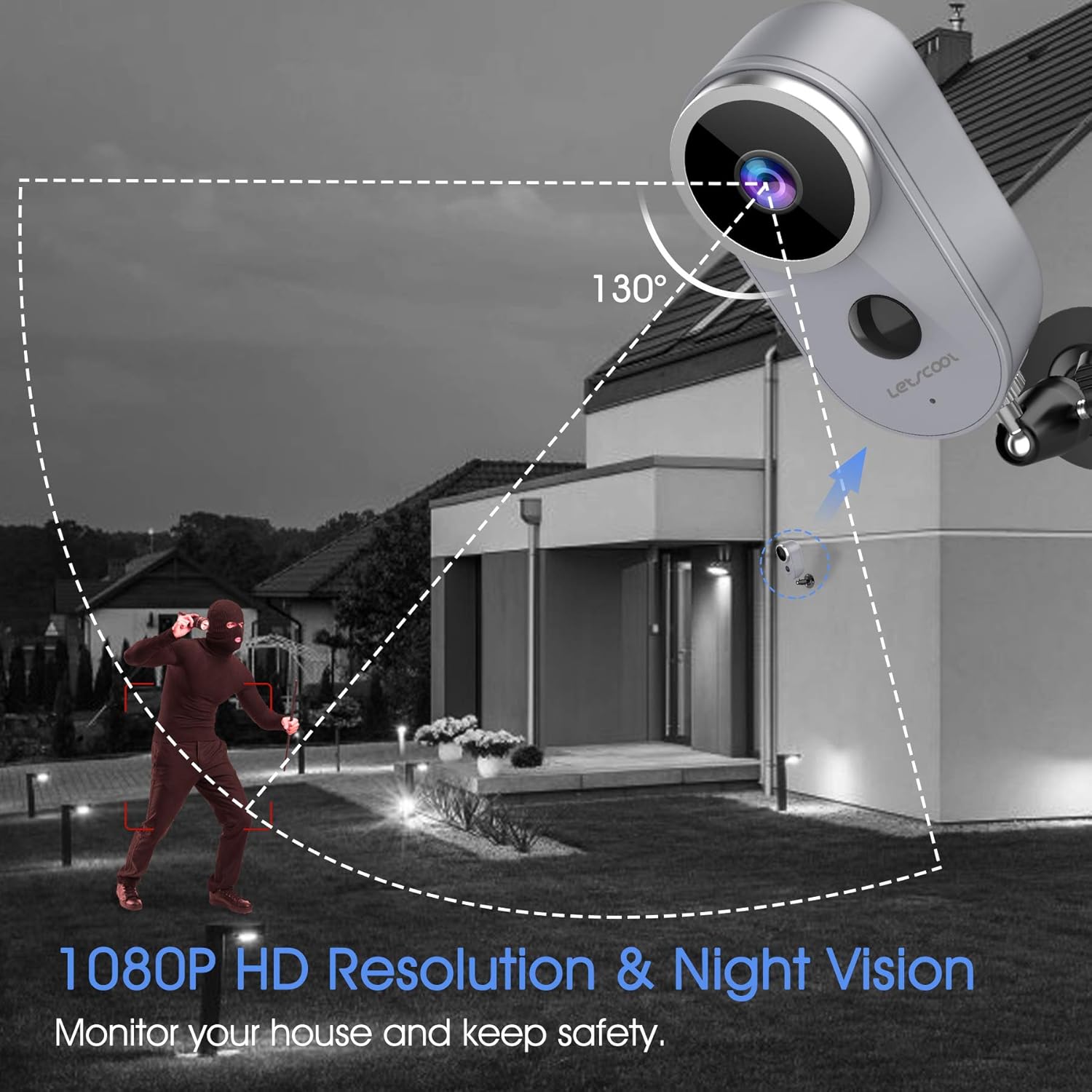 Letscool A4 camera monitoring a house at night with a wide 130-degree view, showing night vision capability