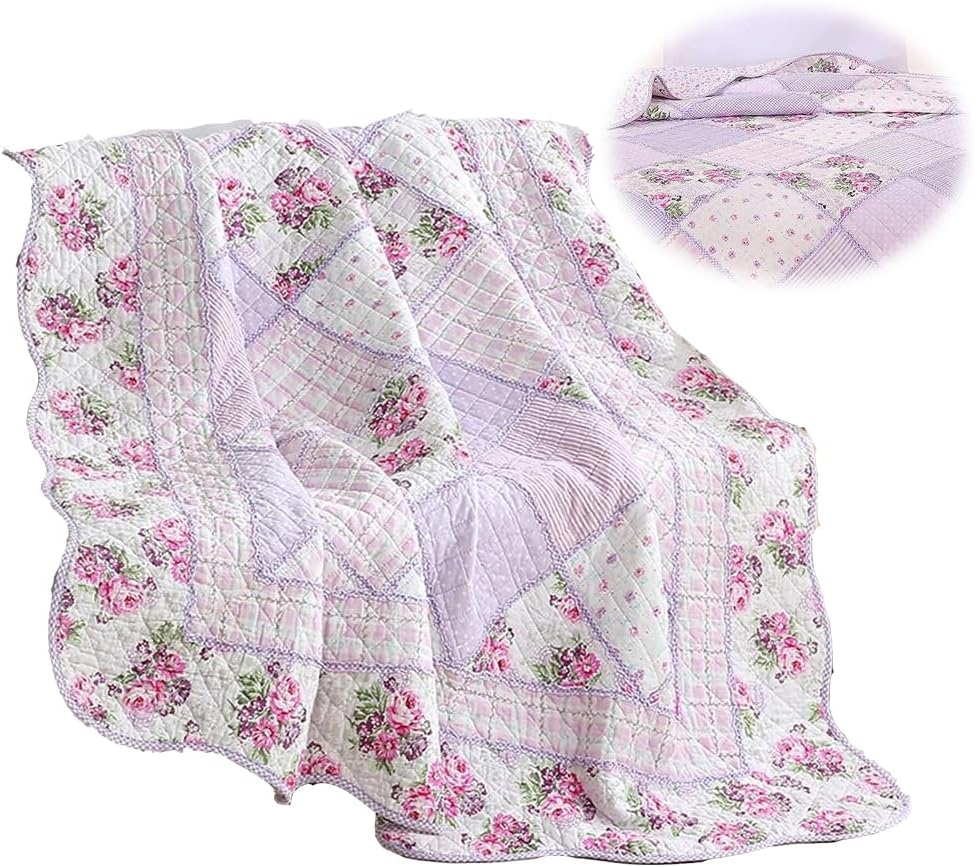 Azonee Purple Floral Patchwork Quilt Throw Blanket, 60" x 80" Twin Size, 100% Cotton Reversible Bedspread, Quilted Throw for Bed, Couch, Sofa, Chair