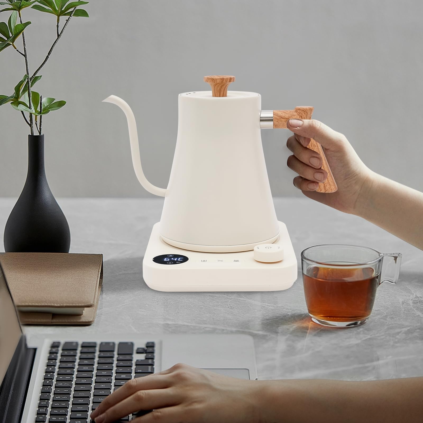 Bollitore elettrico a collo d'oca 900ml con controllo della temperatura display a LED,bollitore acciaio inossidabile ebollizione rapida for caffè versato sulla pressa francese(White)