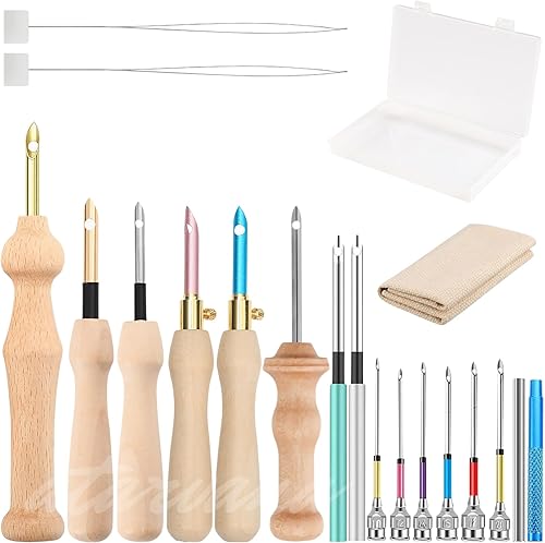Kit de 19 agujas de punzón, kits de bordado de aguja perforadora, juego de agujas de punzón ajustables con mango de madera, bolígrafo de bordado,