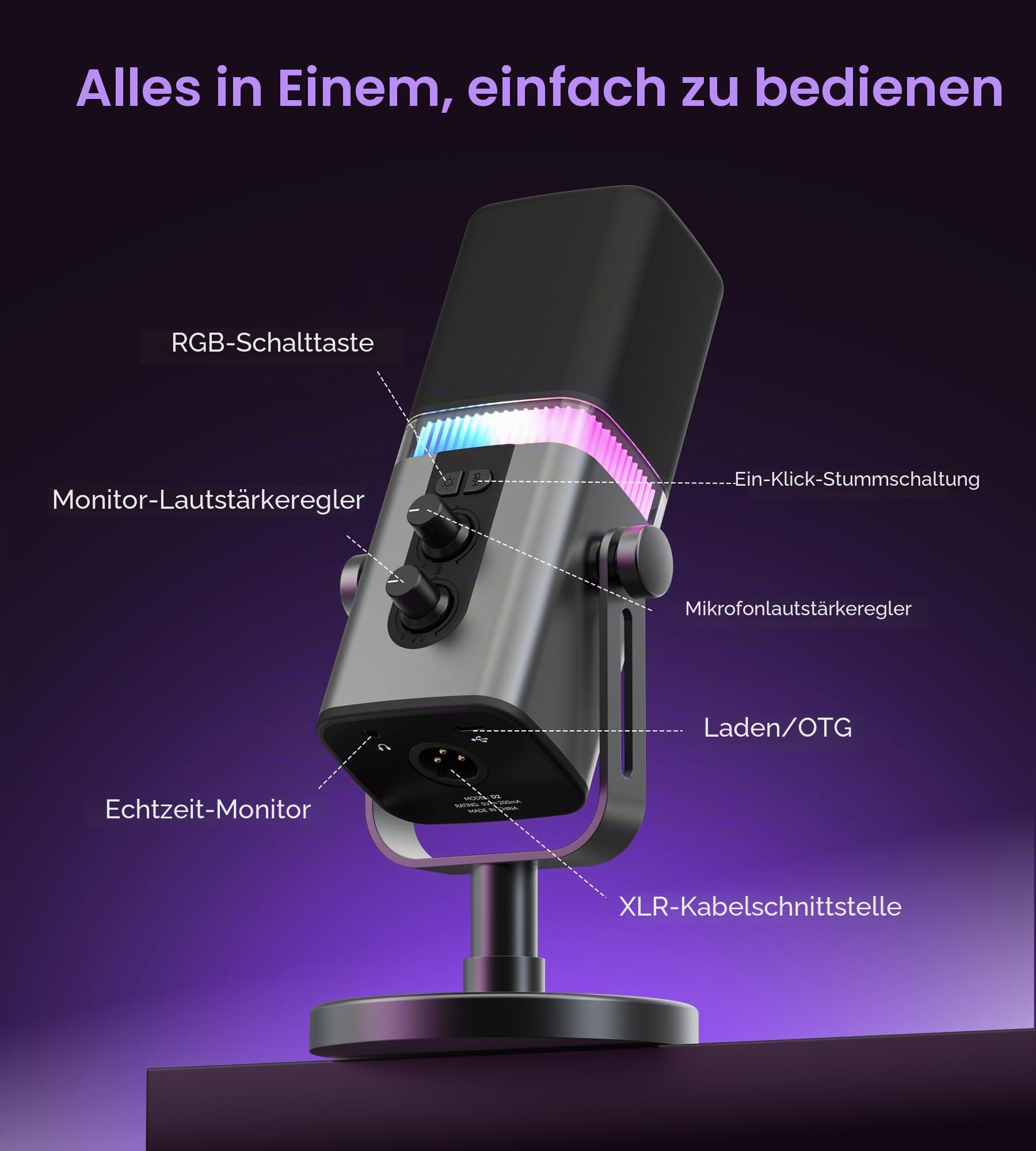 MAILANGSHI 192KHz/32bit Dynamic Podcast Mikrofon für PC, USB & XLR Mikrofon mit RGB, Stand, Stummschaltung, Vollmetall, Gain/Volume, Gaming Mikrofon für Livestreaming