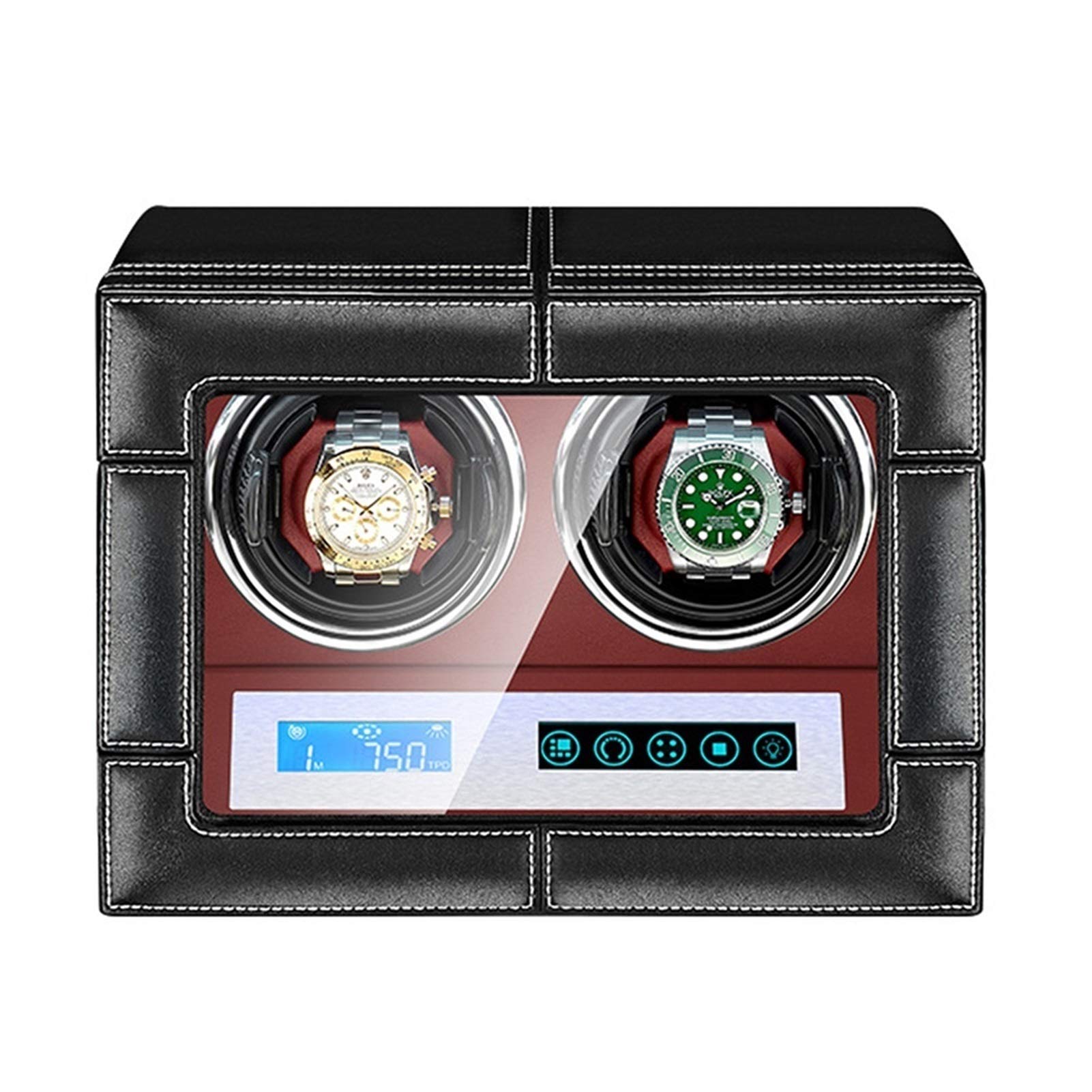 QUSYZD Automatic Watch Winder LCD Touch Screen Control Adjustable Watch Pillows Built-in Illumination Quiet Motor Black Leather Finish,4+0