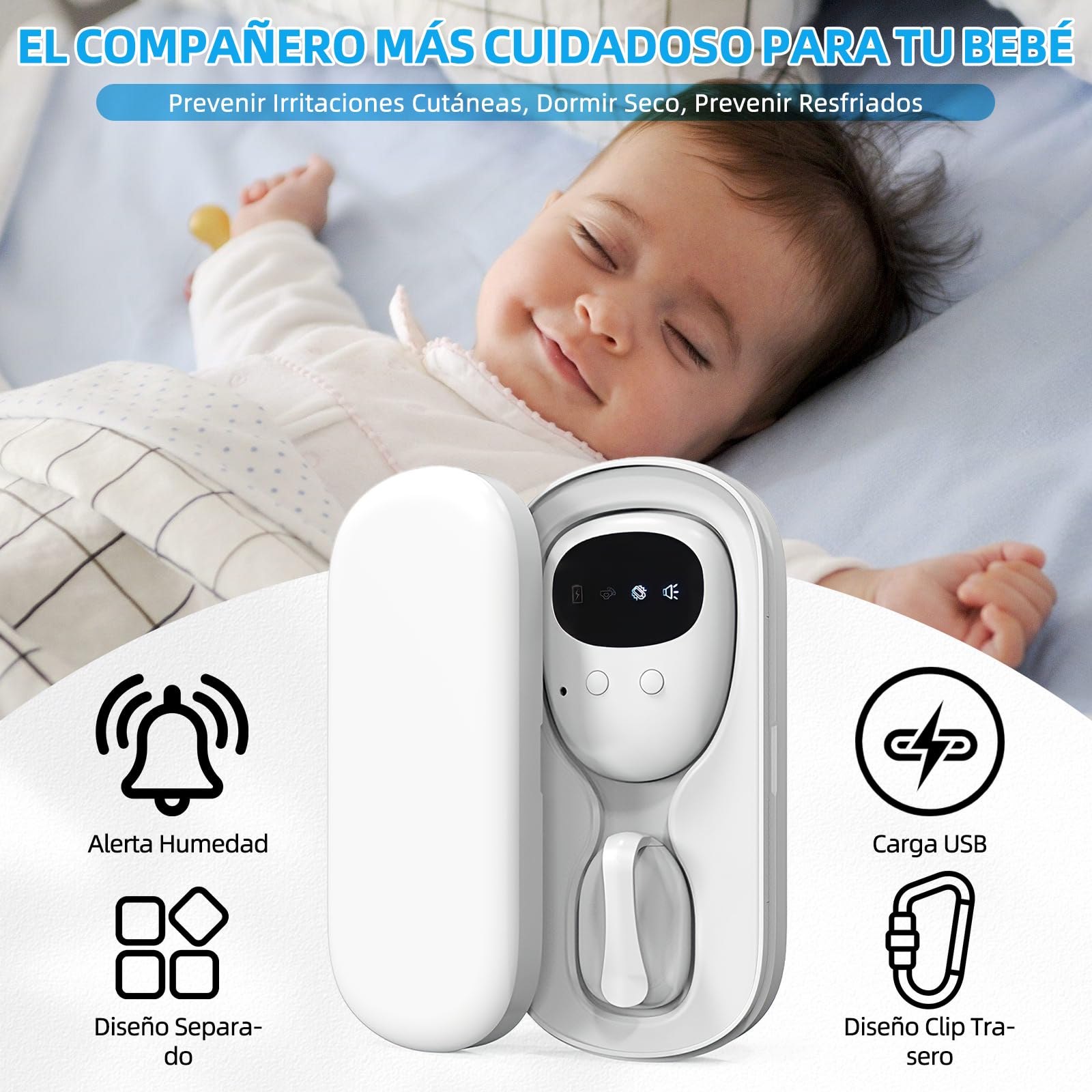 Alarma inalámbrica para enuresis, recargable por USB-C, alarma fuerte, vibración potente, alarma para enuresis, entrenamiento para ir al baño para niños (blanco)