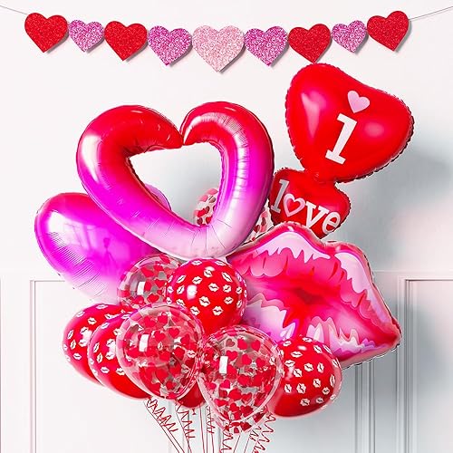 Heukikt Juego de globos para el día de San Valentín, globos con texto en inglés "I Love You" y kit de globos de corazón con labios rojos, globos de