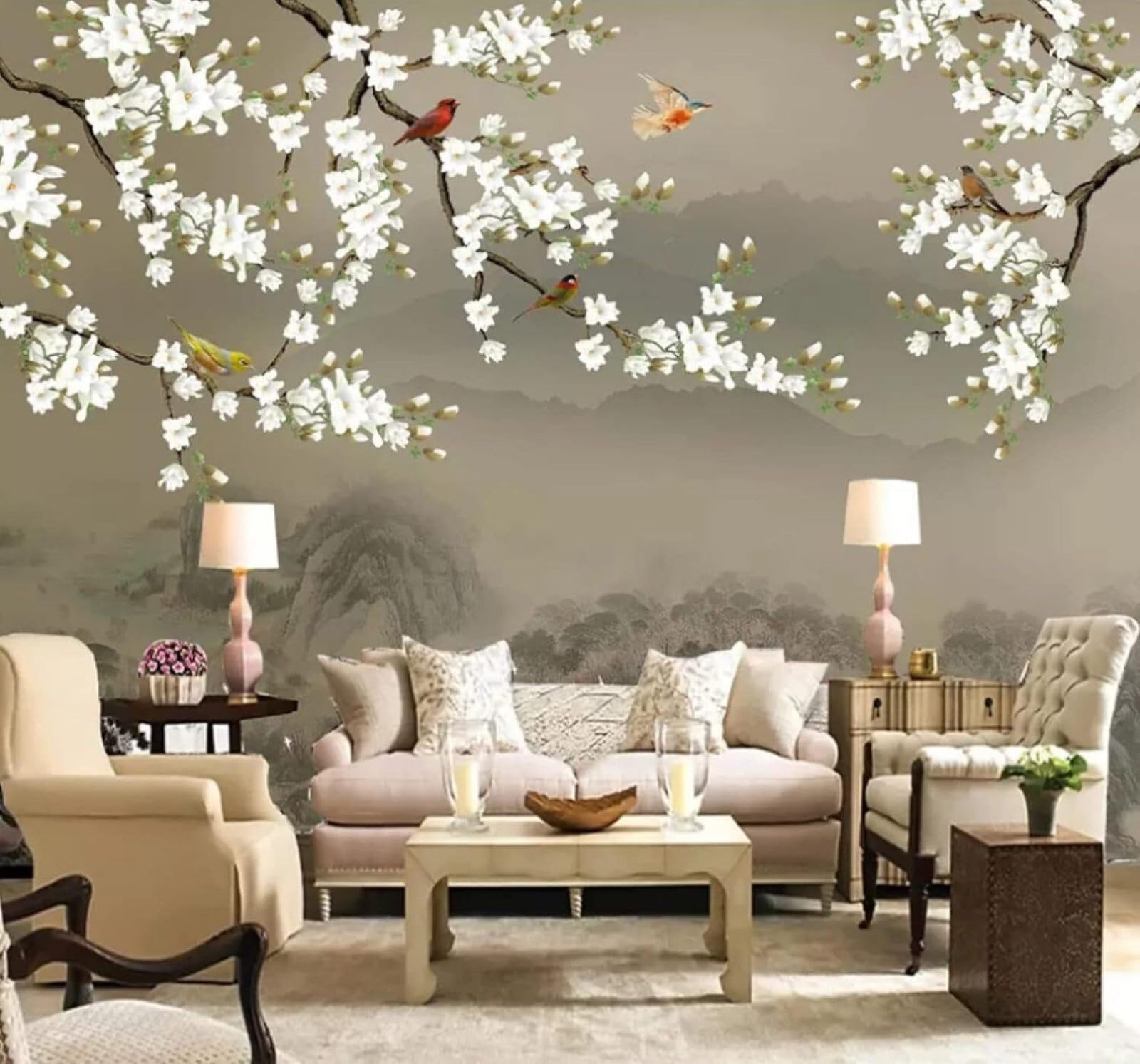 XLMING Hand Drawn Mountain Peaks Magnolia Flowers Birds in Flight Landscape 3D Wallpaper Luxury Home Dining Decor Paste Sofa Living Room The Wall for Bedroom Mural-400cm×280cm