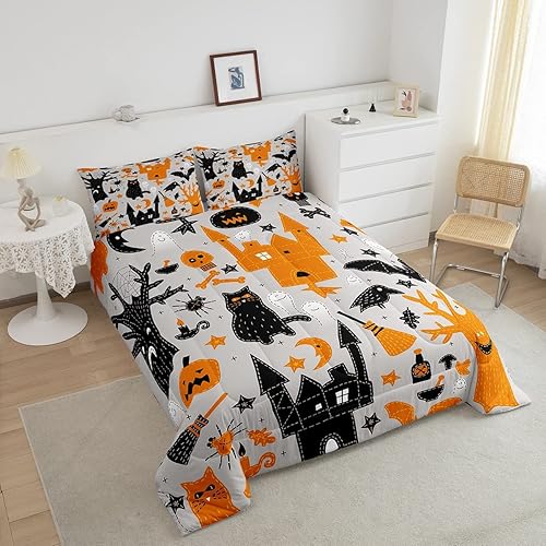 Miniatura 3 de Erosebridal Ropa de cama de gato negro tamaño matrimonial, juego de edredón de Halloween para adolescentes y adultos, relleno de edredón de dibujos