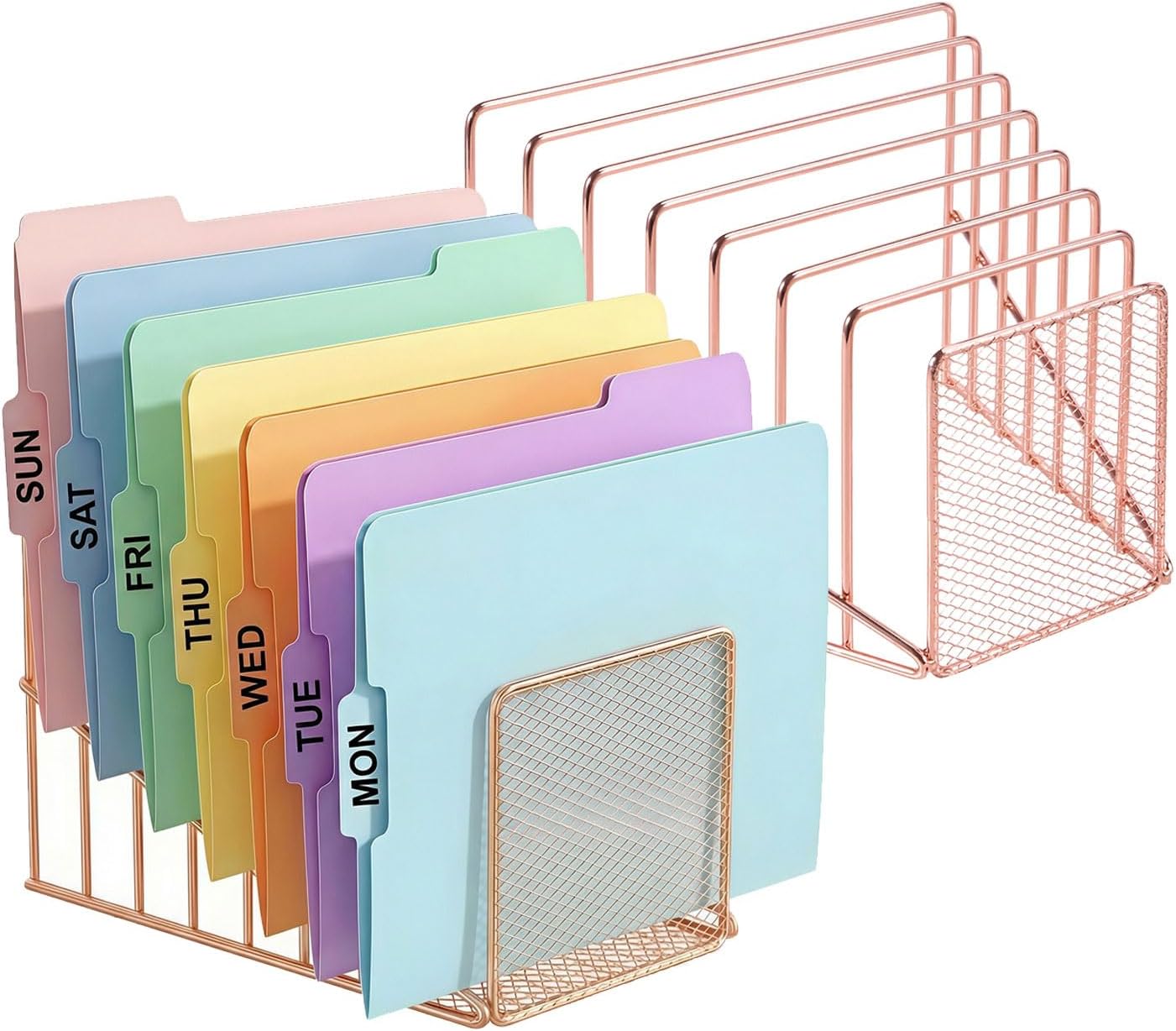 Simmer Stone 2 Pcs Incline File Sorter, 7 Slot Magazine Holder for Letter, Document, Folder and Book, Metal Desktop Organizer Rack for Home, School and Office (2-rose gold)