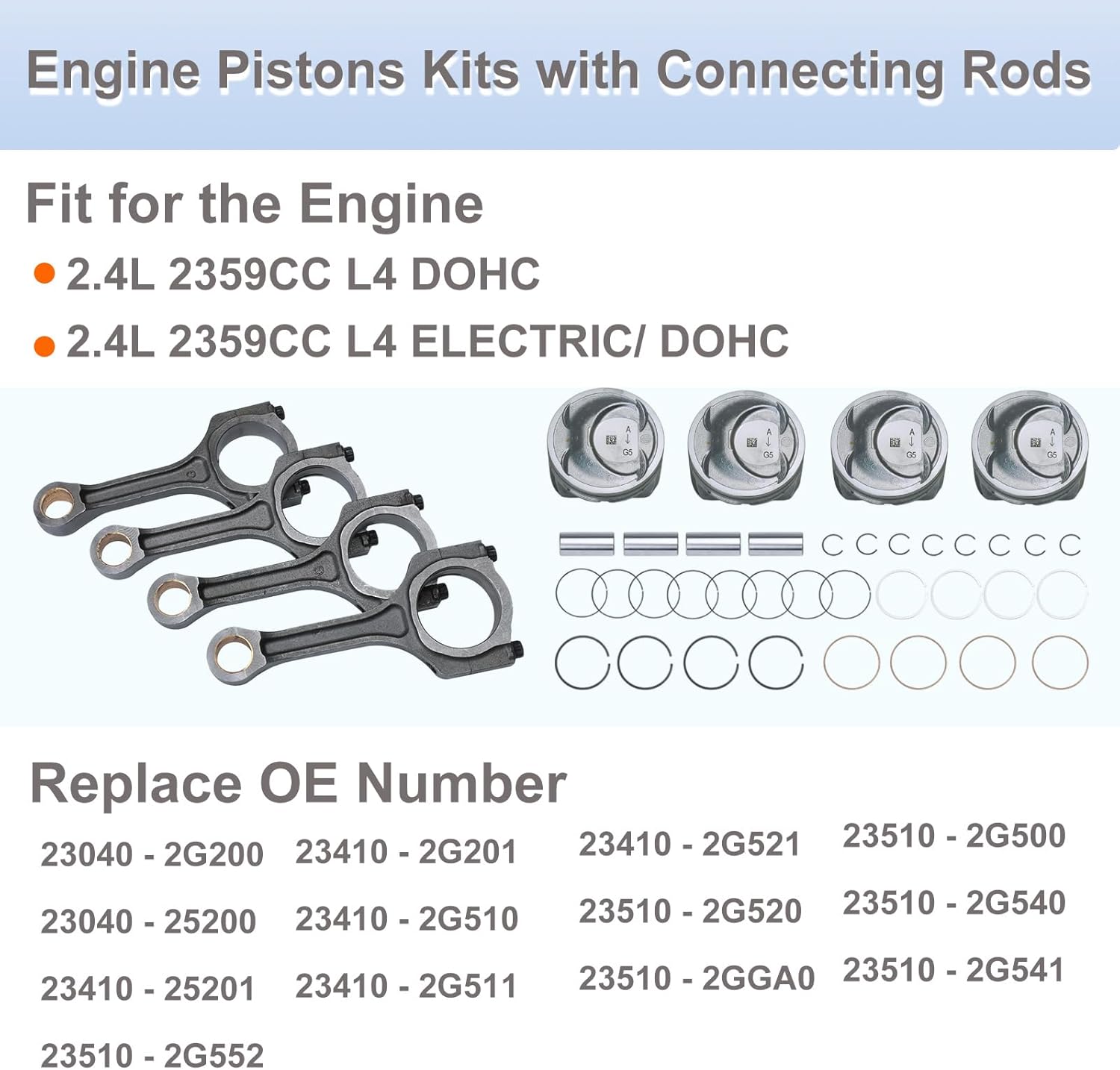 23040-2G200 23040-25200 Engine Piston Kit w/Connecting Rod Set Compatible With 2011-2019 Kia Optim Sorento Sportage Santa Fe Sonata Tucson, 2.4L