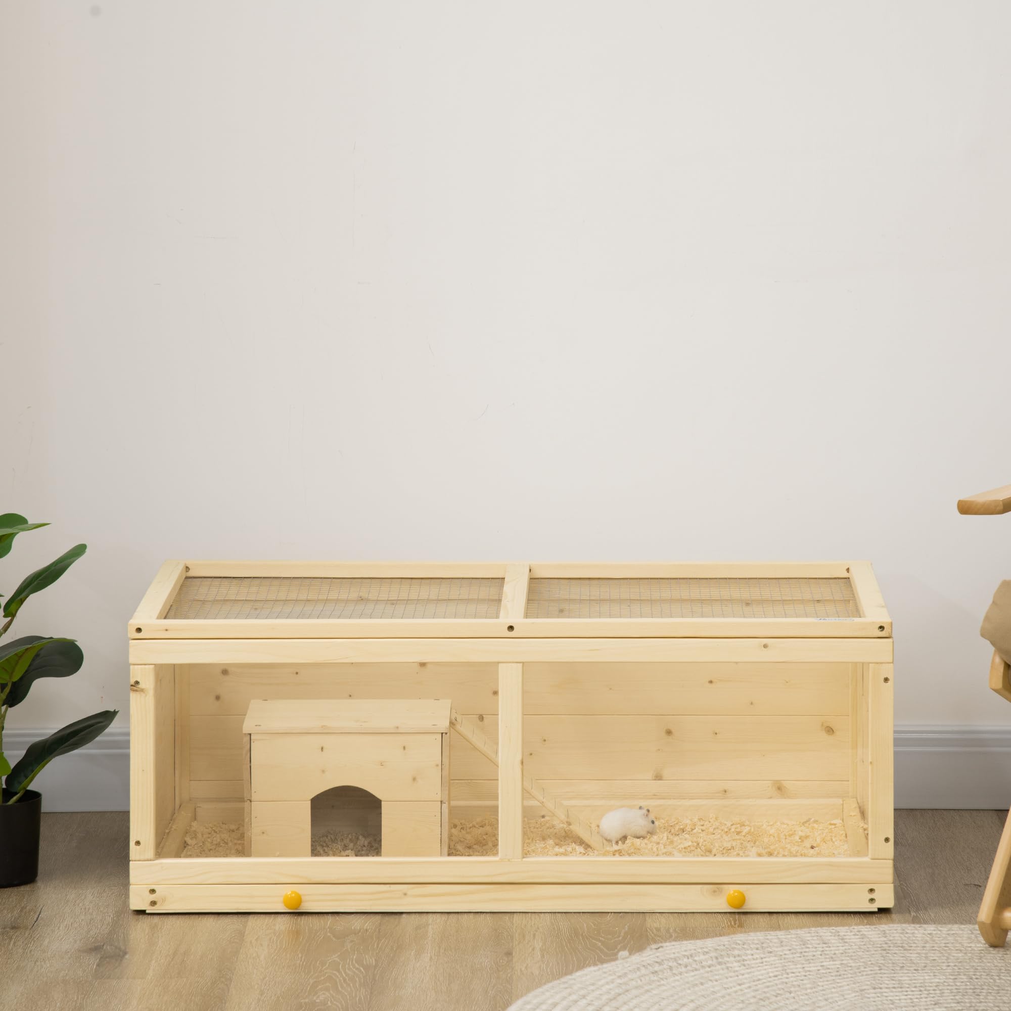 PawHut Jaula para Hámster con Panel de Acrílico 100x58x38 cm Casa para Hamsters de Madera con Tapa Abatible Bandeja Extraíble y Nido para Chinchillas Conejos Natural