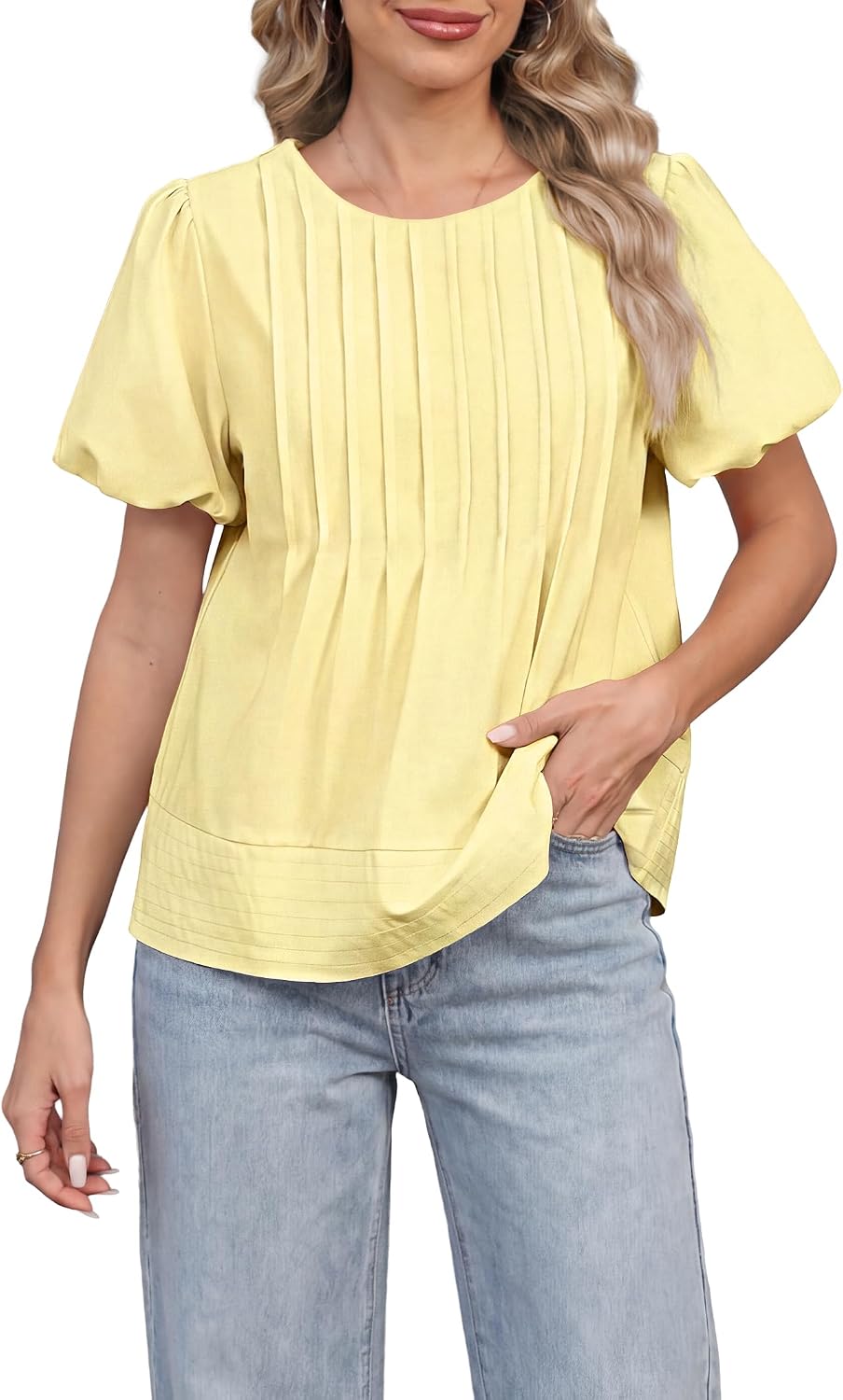 Funlingo Babydoll Tops for Women 2026 Summer Casual Puff Sleeve Blouses Crew Neck Loose Fit Flowy Pleated Shirts Trendy Clothing Yellow M