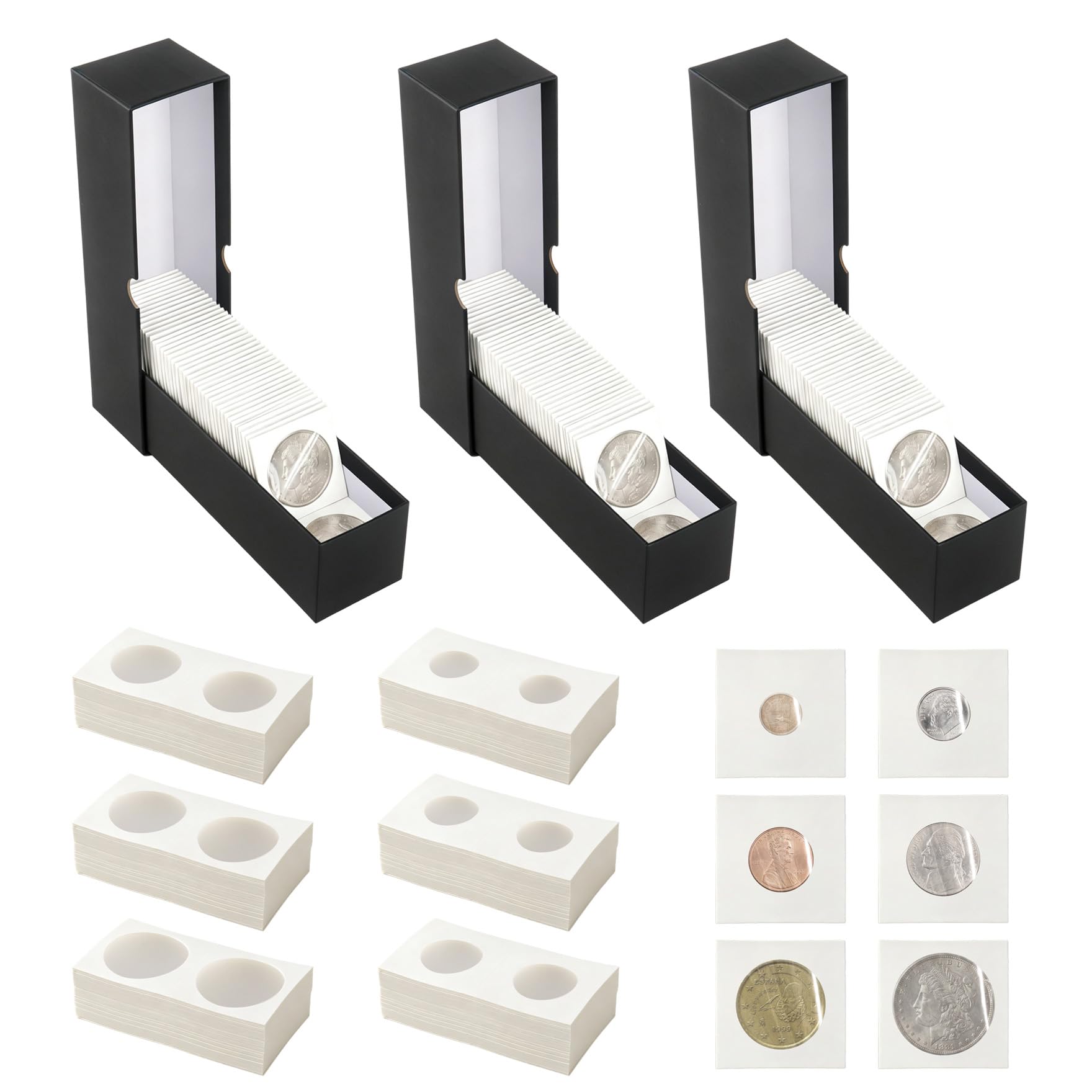 Klmnop Lot de 300 rabats pour pièces de monnaie avec 3 boîtes de rangement de 5 x 5 cm, porte-pièces en carton pour pièces de monnaie de 6 tailles, étui de rangement pour pièces de monnaie (noir)