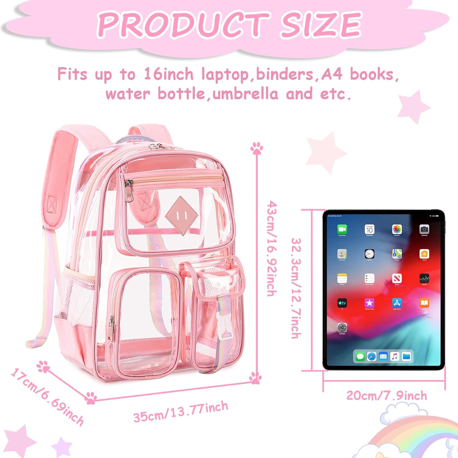 PIG PIG GIRL Clear Backpack for School,Heavy Duty PVC Transparent Bookbag for Girls Stadium Approved See Through Backpack