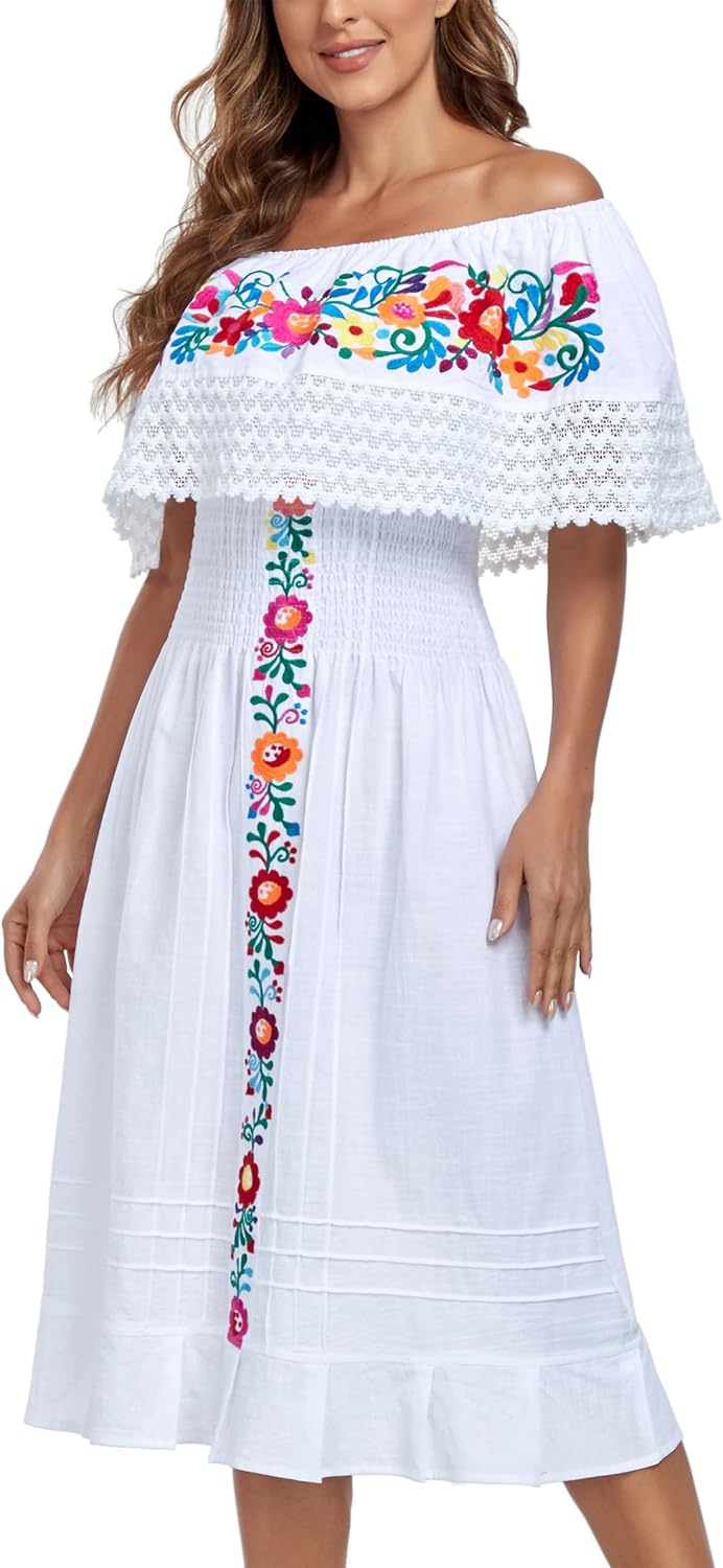 YZXDORWJ Mexican Dress for Women Embroidered Off-Shoulder Lace Dress Fiesta Mexico Boho Floral Dress - Image 6