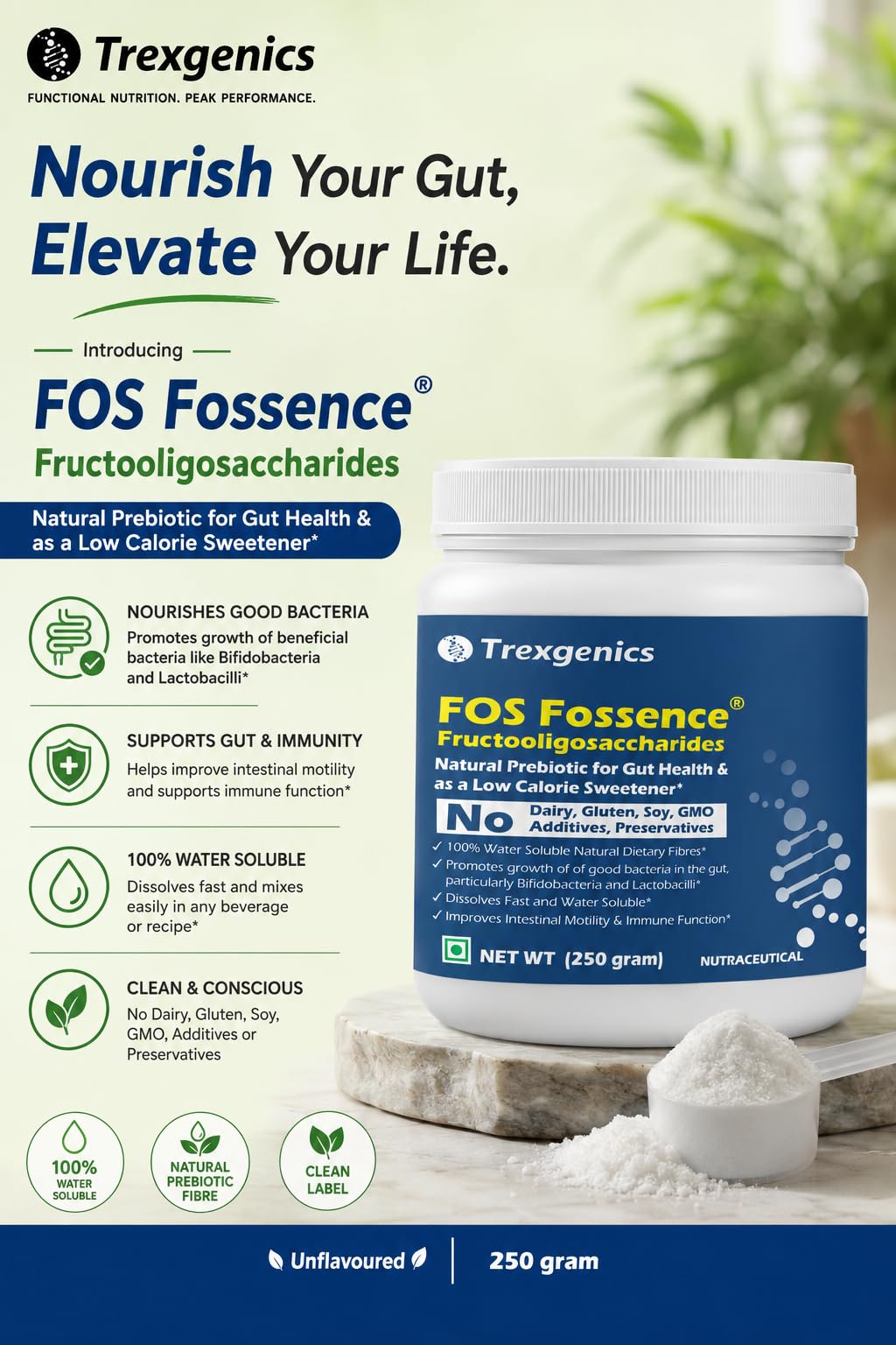 Trexgenics FOS FOSSENCE FRUCTOOLIGOSACCHARIDES PURE POWDER Prebiotic Soluble Fibres for Gut Health, Low Calorie Natural Sweetener (Fossence FOS (250 gram)) — Amazon image 3