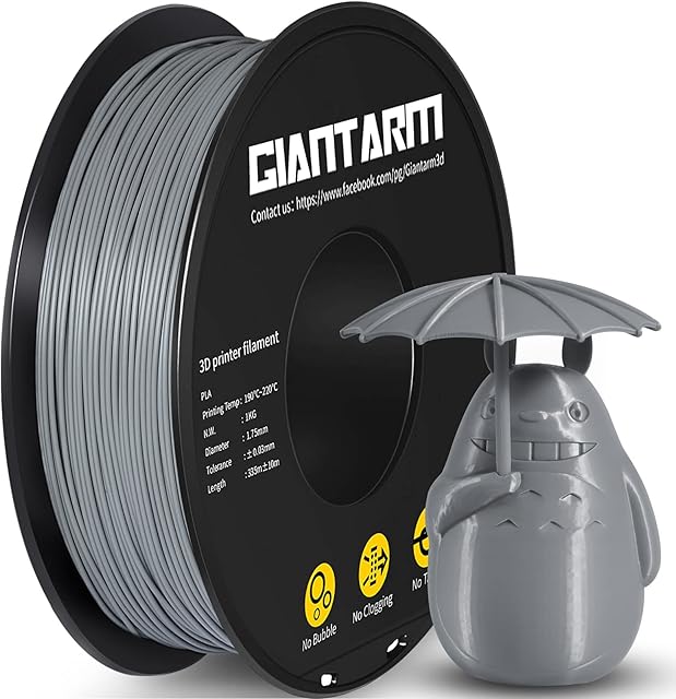 GIANTARM Filament PLA 1,75 mm, filament do drukarki 3D pla 1,75, dokładność pomiaru +/- 0,03 mm, dobra przyczepność i super przepływ, 1 kg / szpula, szary