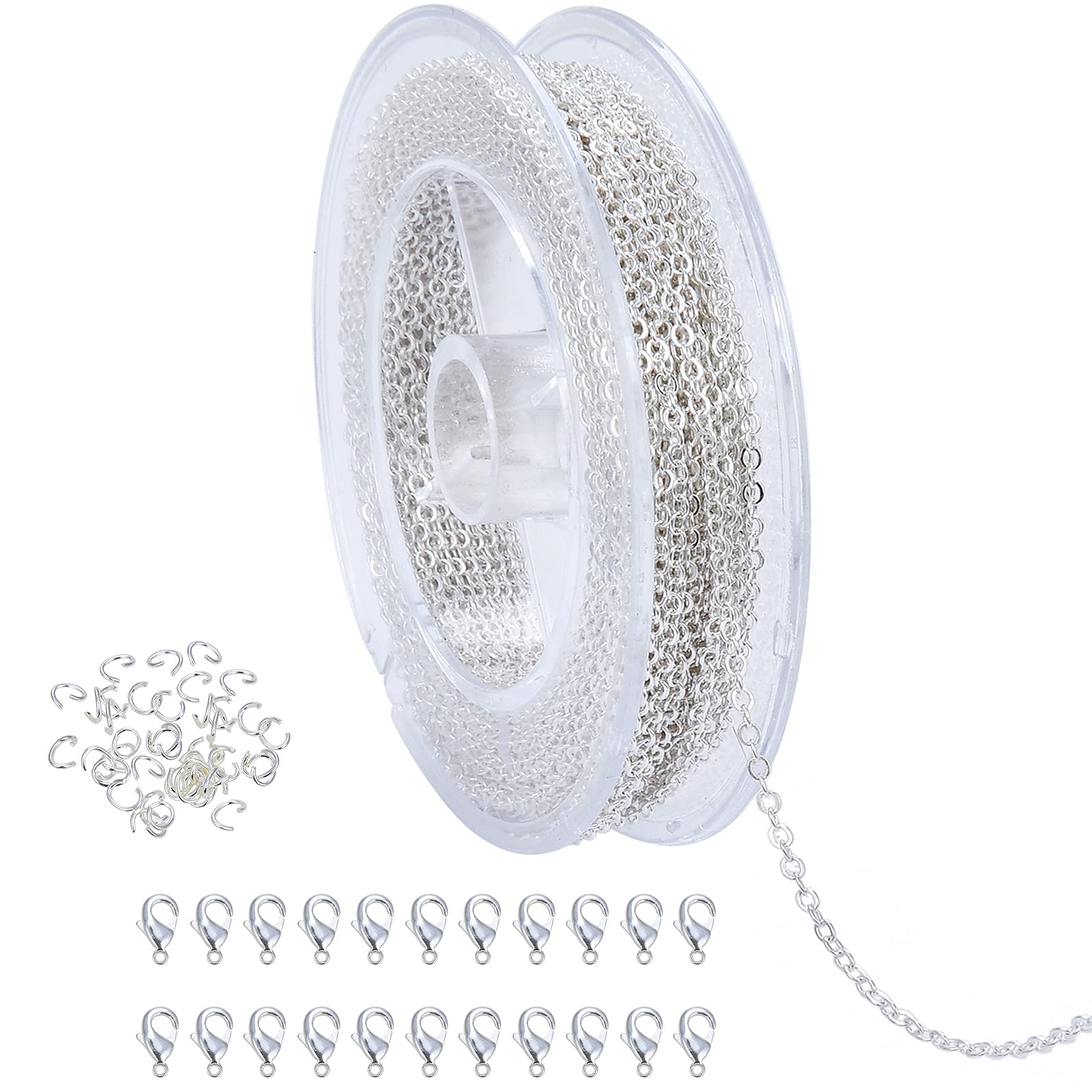 AKHAT - Necklace Chains for Jewelry Making Solid Copper Silver Plated with 22 Lobster Clasps and 50 Jump Rings(37 Feet Silver Chain, 1.5mm) ÿ