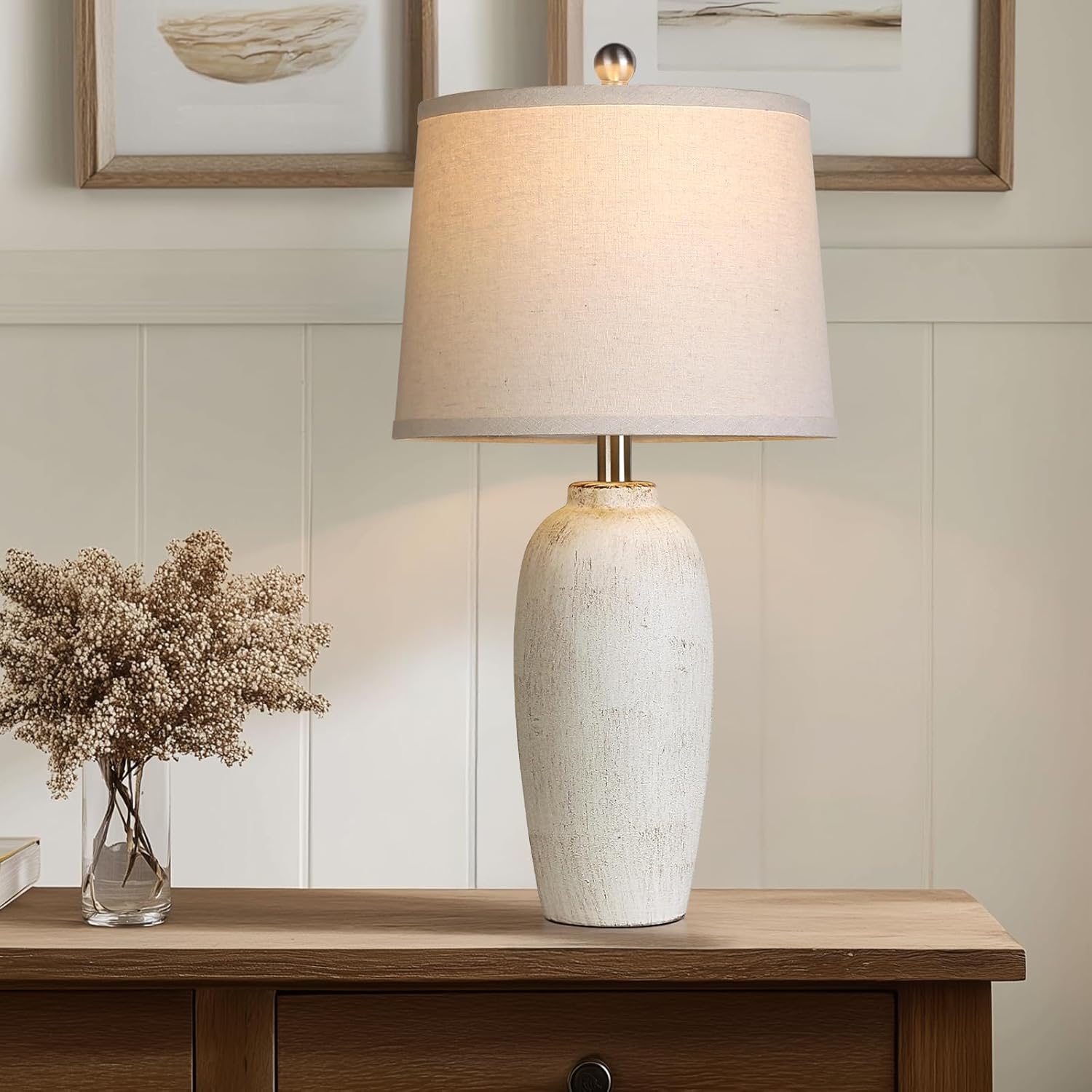 Jar Table Lamps Set of 2, 25" Ceramic Bedside Lamps for Bedroom, Beige Farmhouse Nightstand Lamps for Living Room