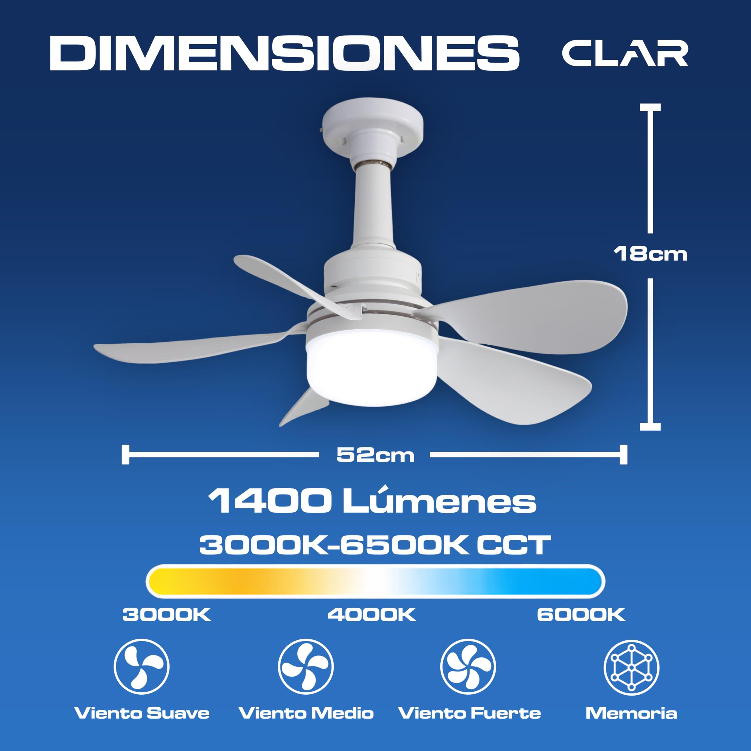 CLAR - Ventilador De Techo Con Luz, Ventilador Techo Habitación Pequeña, Ventilador De Techo Pequeño, Ceiling Fan With Light