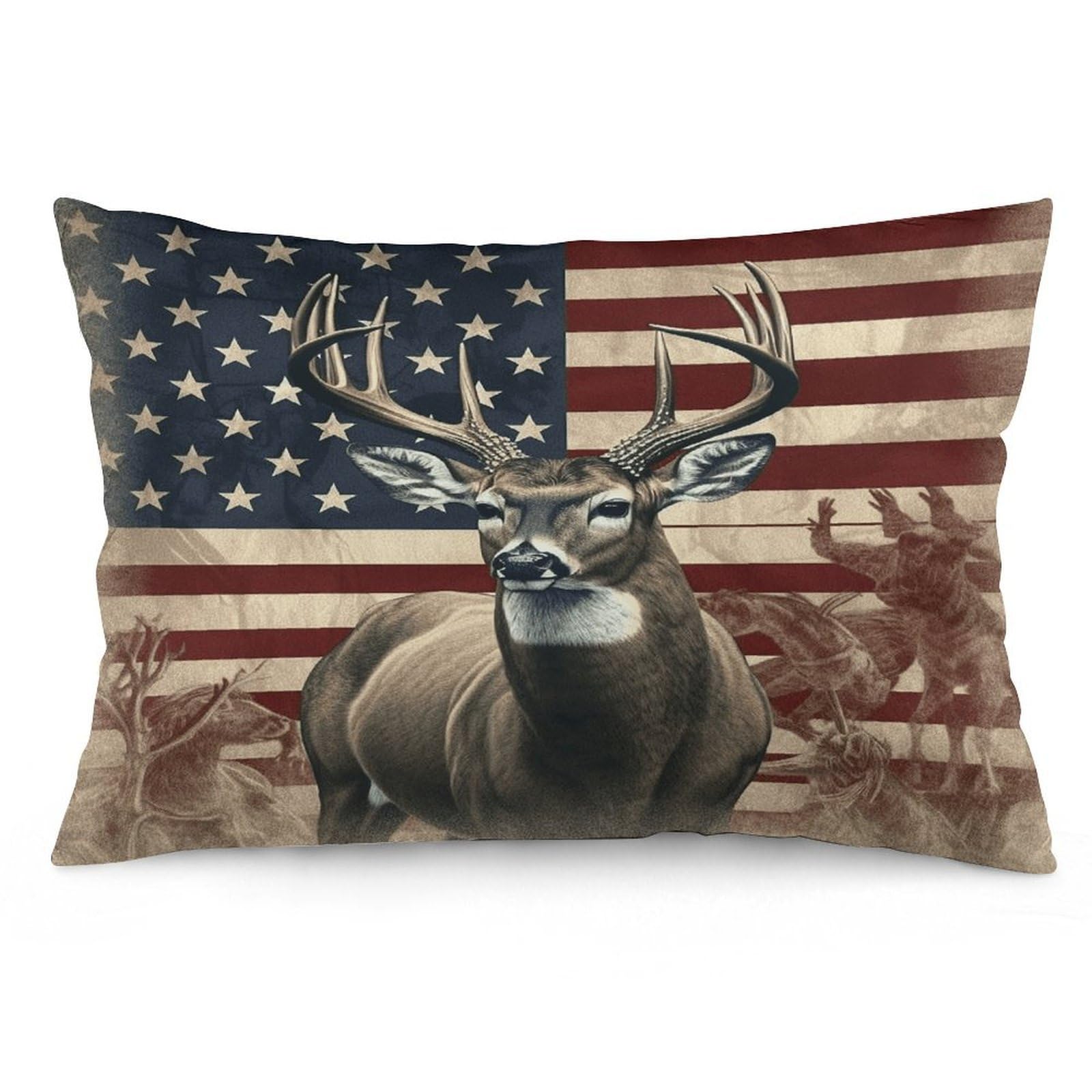 Americana Flag Deer Throw Pillow Cover Soft Pillow Case Decorative Lumbar Pillow Cover Cozy Throw Pillowcase Polyester Rectangular Cushion Case Decor for Couch Sofa Bed