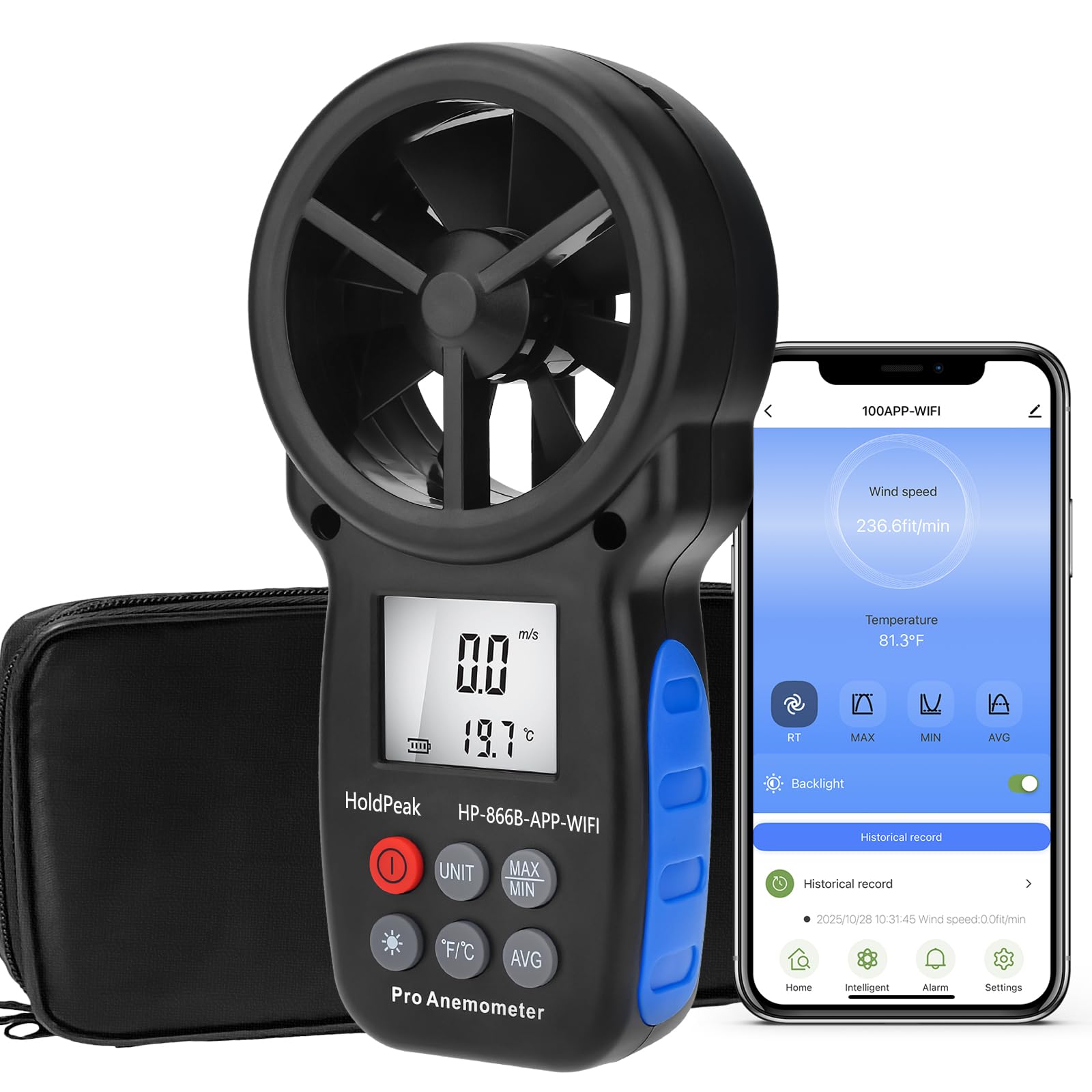 Holdpeak - Medidor de viento digital Bluetooth con aplicación para aire