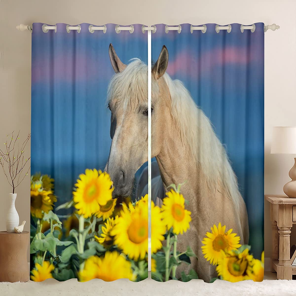 Loussiesd Horse Sunflower Blackout CurtainGirls Garden Farmhorse Curtain For Kids Women Men Yellow Floral Darkening Curtain Blue Window Drapes W46*L72 โ image 1
