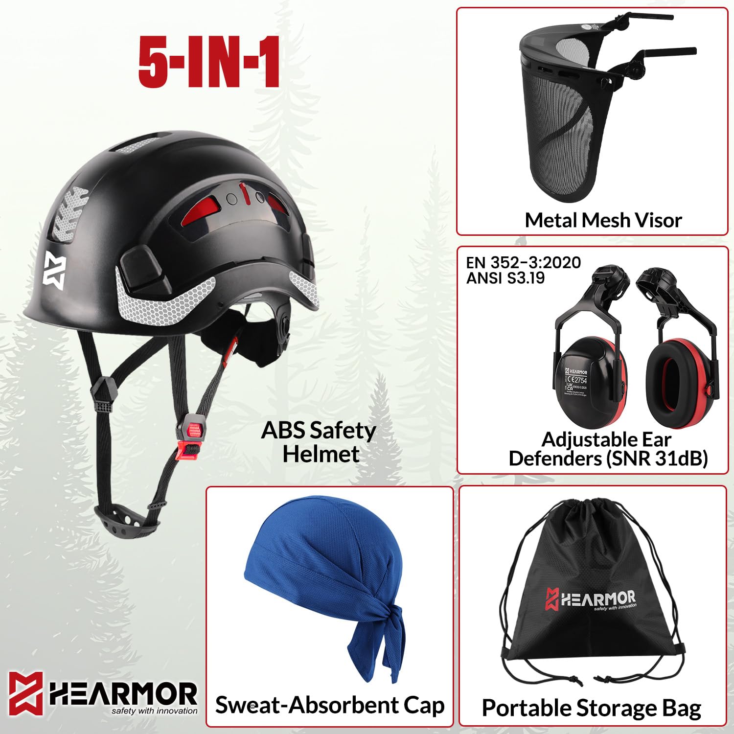HEARMOR VOLTEK 5 en 1 - Casco de protección forestal con casco, orejeras, visera, gorro para el sudor y bolsa de transporte, antigolpes y ventilación cómoda, casco de ABS para trabajadores forestales