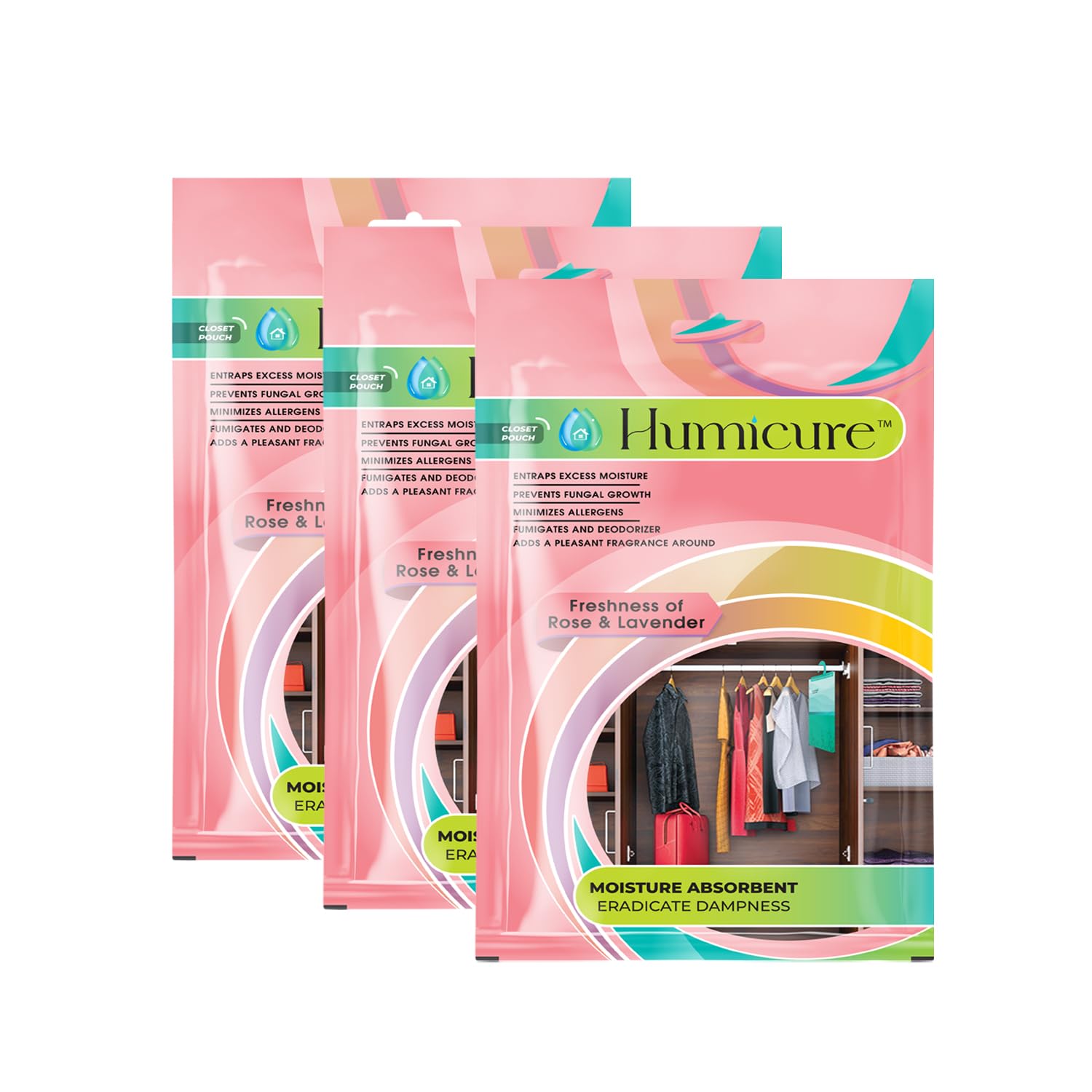 Moisture Absorber Hanging Bag Prevents Mould & Fungus, Dehumidifier Humidity Control with 1 Litre Absorption Capacity for Wardrobe, Bathroom, Kitchen, and Bedroom (Pack of 3, Rose & Lavender)