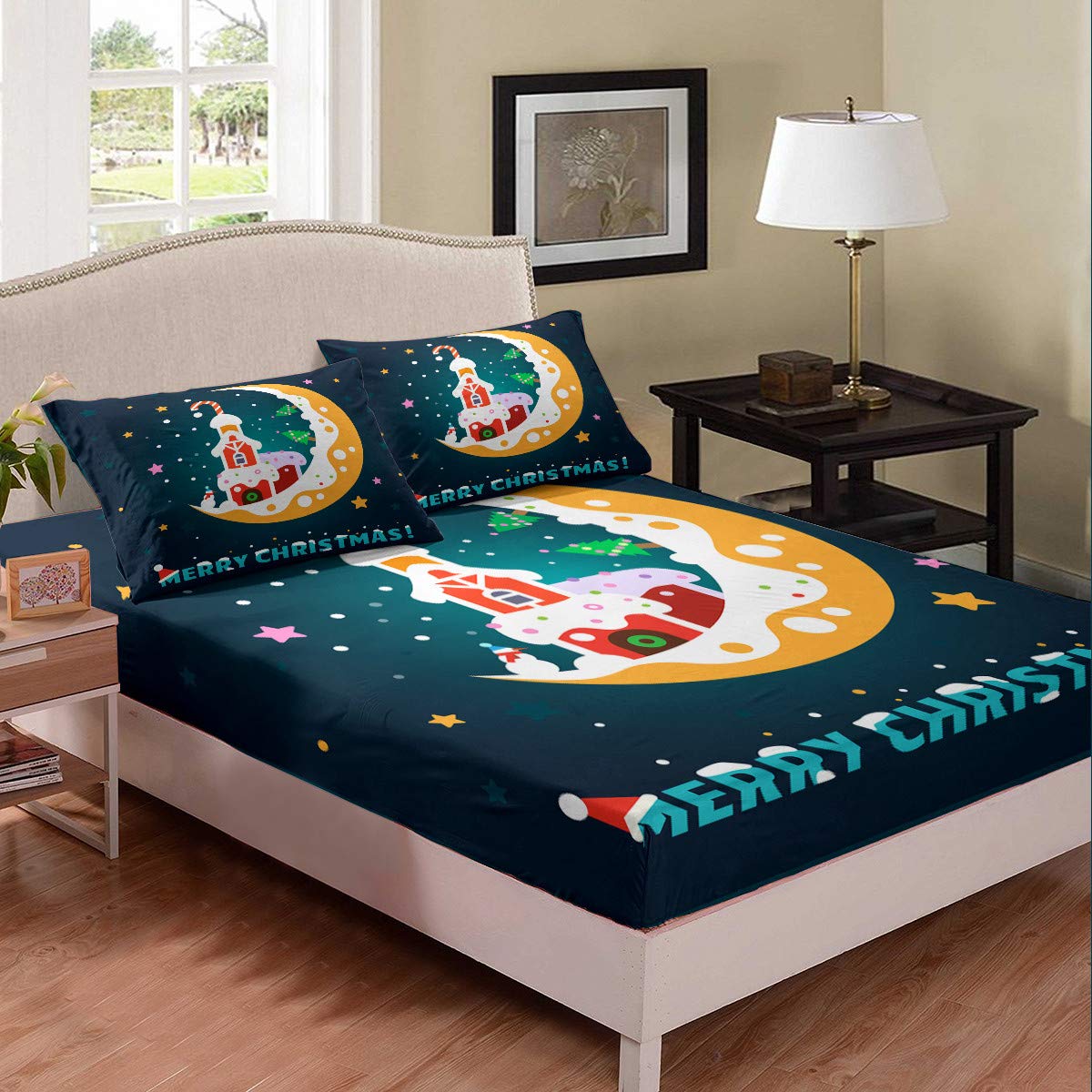 Juego de sábanas ajustables para niños, diseño de estrella y luna de dibujos animados de Navidad, juego de sábanas de árbol de Navidad, juego de sábanas para decoración de habitación de niños y