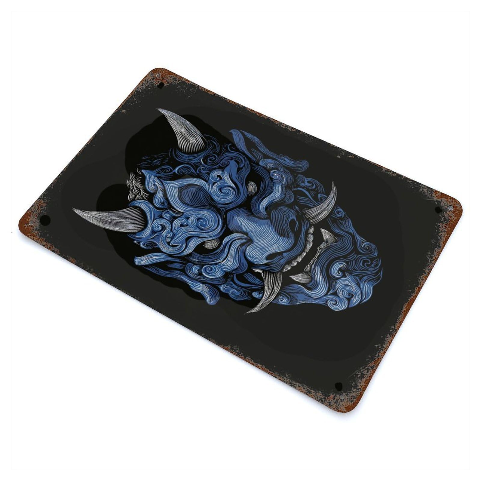 Garage Style Blue Oni Mask Illustration Rustic Tin Plaque 11.8"x7.9", Industrial Home Decor for Bar And Workshop