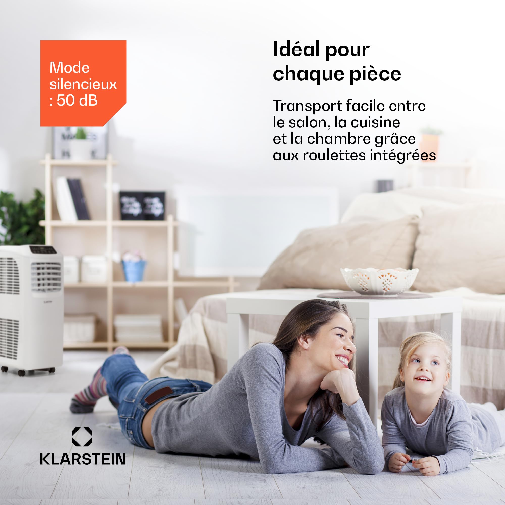 Klarstein Climatiseur Mobile Silencieux, Smart Climatiseur 3 en 1, Mode Nuit, Déshumidificateur, Ventilateur, Mini Climatisation à Faible Conso, Evacuation, Clim Portable, 7000 BTU, Climatiseurs