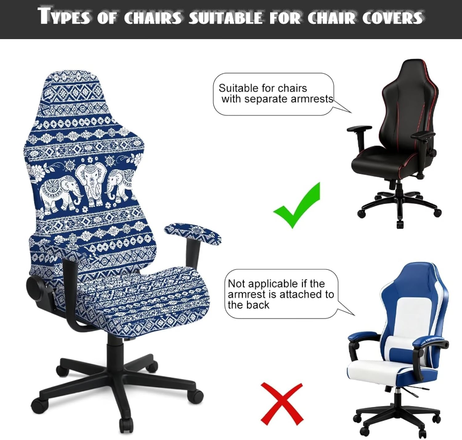 Aztec Blue Geometric Elephant Print Gamer Chair Slipcover with Armrest Cover 4 Pcs Set Anti-Scratch Gaming Chair Protector Cover for Swivel Boss Armchair Dustproof Decor