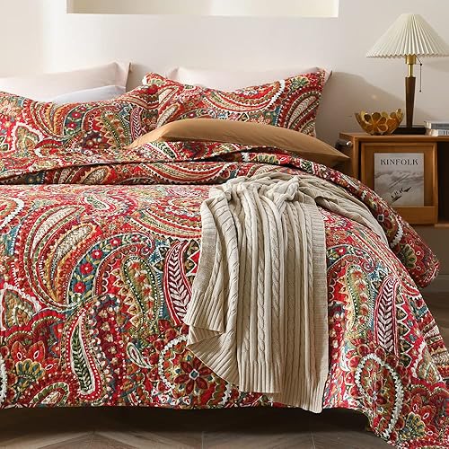Miniatura 2 de ENASAL Juego de edredón de algodón reversible colcha de cachemira floral rojo tamaño queen