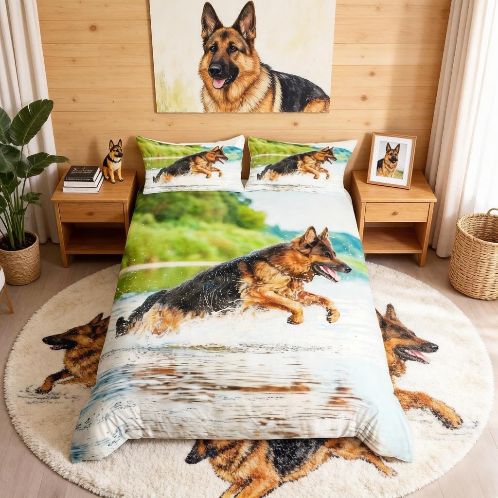 Loussiesd Multicoloured 010 Kids Teen 3 Pcs German Shepherd Duvet Cover Set - Double 3D Hound Dog Bedding Set With Zipper&Ties 2 Pillowcase