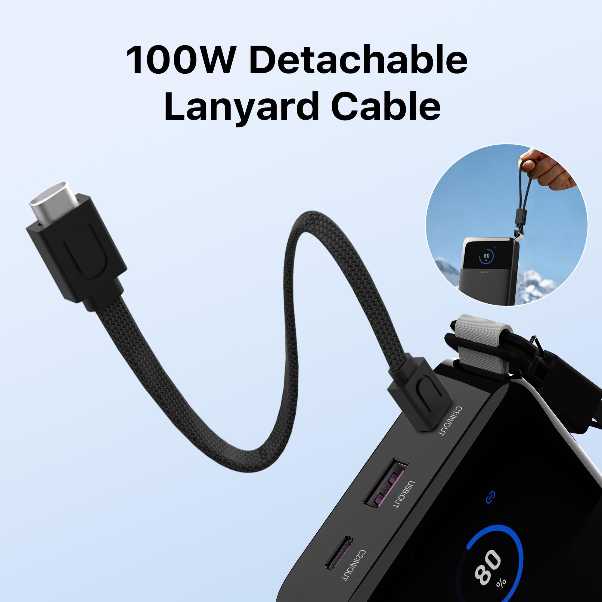 JUOVI 222W Laptop Power Bank 25000mAh con Cavo USB C Rimovibile