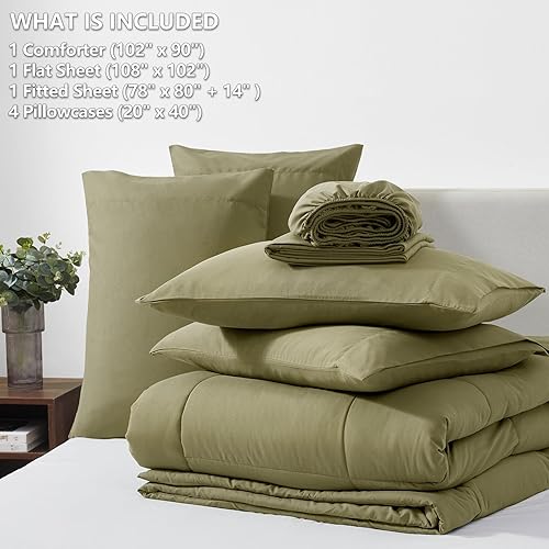 Miniatura 6 de CozyLux Juego de edredón tamaño King  Juego de cama de 7 piezas en una bolsa, color verde oliva, juego de ropa de cama King con edredón acolchado