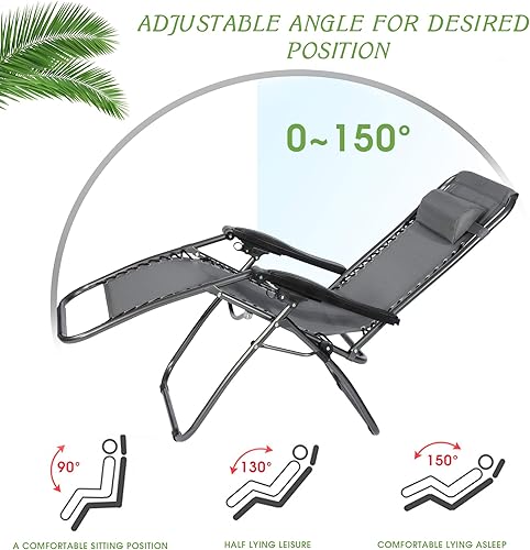 Miniatura 4 de Livebest Juego de 2 sillas ajustables de gravedad cero, Textilene plegable para exteriores con almohada extraíble, reclinables portátiles y livianas