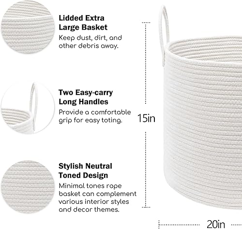 Miniatura 2 de Cesta de almacenamiento extra grande de 20 x 20 x 15 pulgadas, canasta de almacenamiento de manta blanca para sala de estar, canasta organizadora de