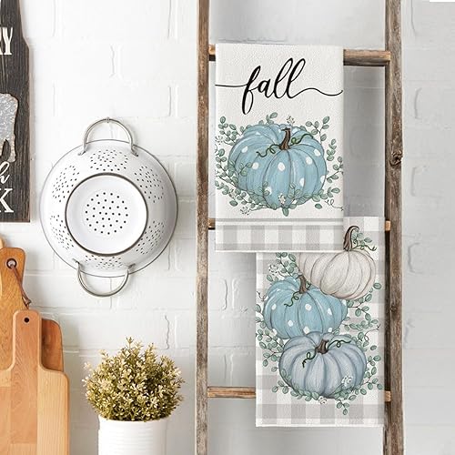 Miniatura 3 de Artoid Mode Juego de 2 toallas de cocina de otoño con hojas de eucalipto y calabaza, 18 x 26 pulgadas, decoración de Acción de Gracias