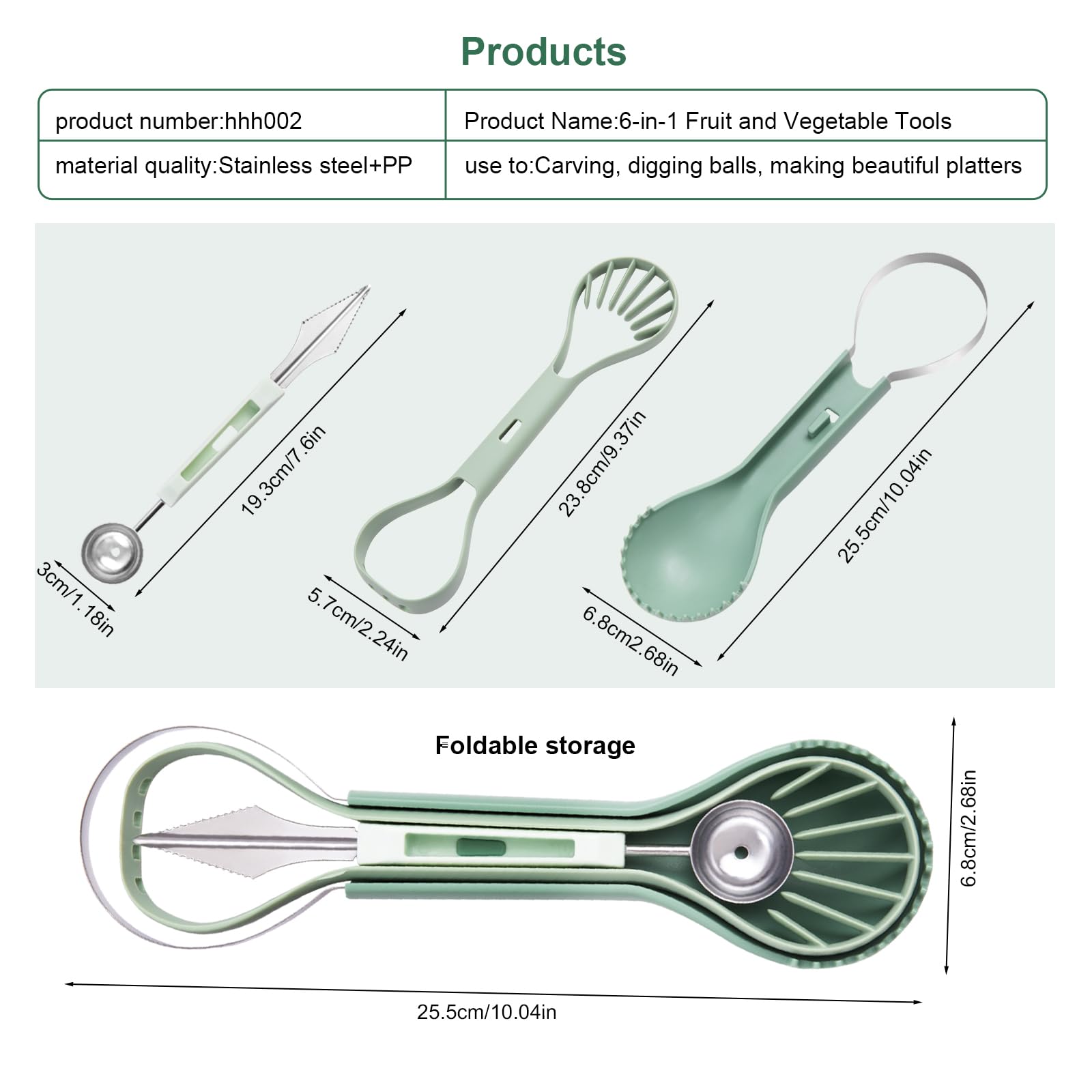 XGIZMOO Melon Baller Scoop Set - 6 in 1,Stainless Steel Fruit Cutter,Seed Remover Cutter,watermelon Scooper Fruit Scooper and Baller, Fruit Carving Tools Dig Pulp Separator Fruit Slicer(Green) - Image 8