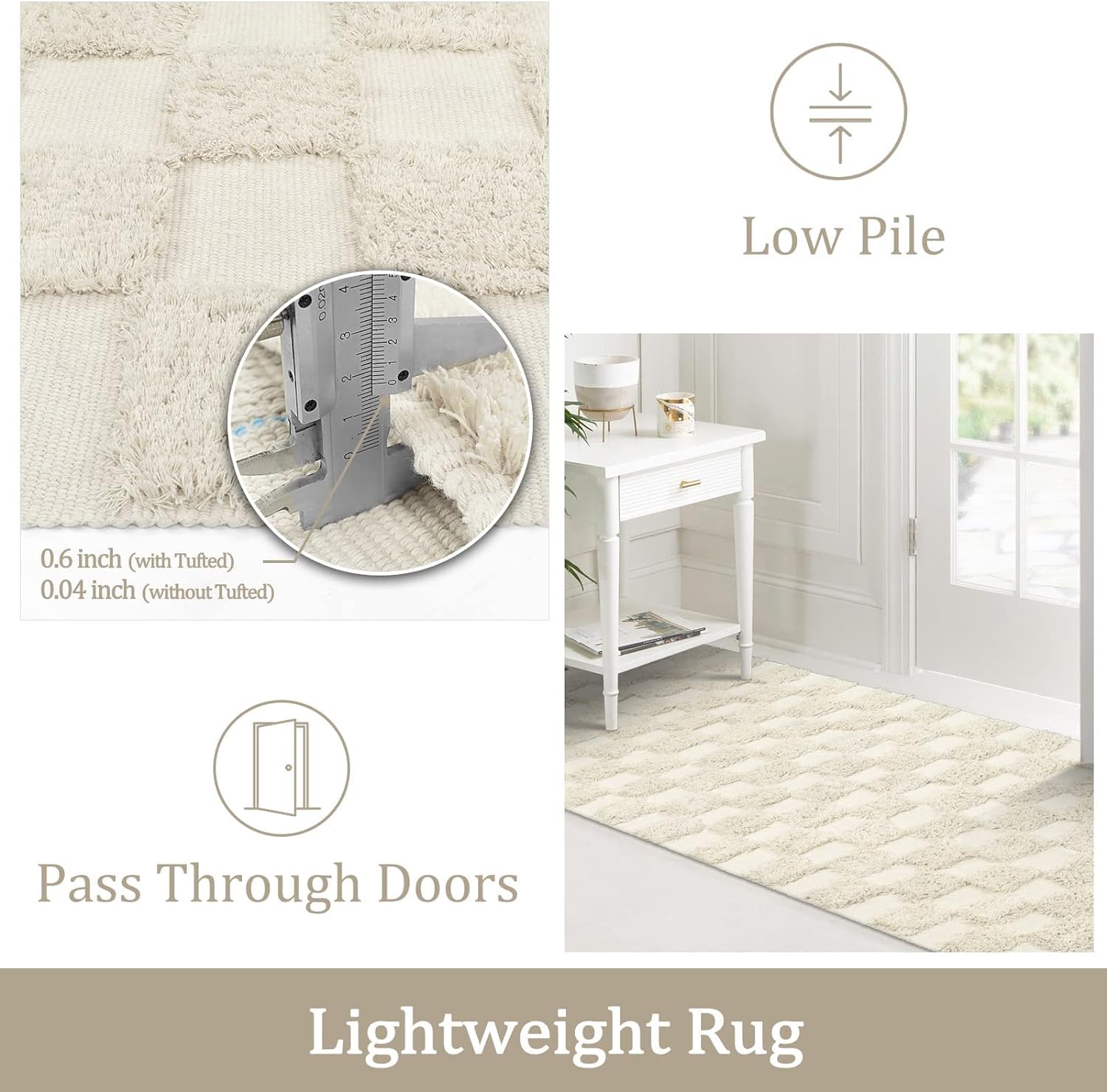 JaeMoose Cotton Rug Tufted Cotton Rug Washable Retro Hallway with Tassels Moroccan Boho Rugs for Living Room Bedroom Front Door (Beige Checkerboard - Image 3
