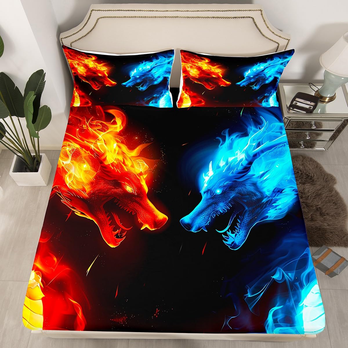 Erosebridal Dragon Bedding Set Ice Fire Dragon Bed Sheets Twin for Kids Boys Teens Adult Bedroom Decor, Wildlife Pattern Fitted Sheet Blue and Gold