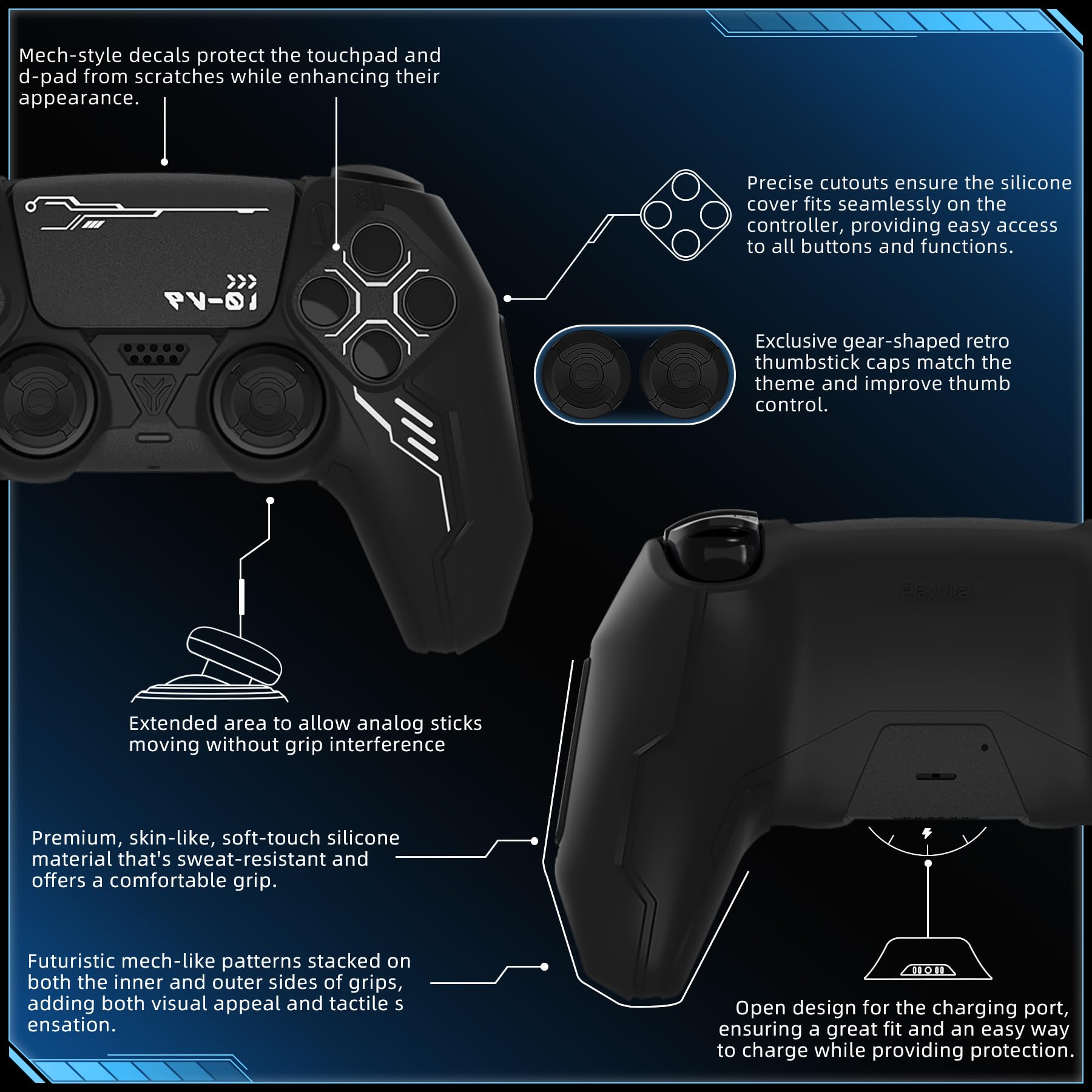 PlayVital Coque Manette pour ps5 Housse Protection Silicone pour ps5 Controller avec 2 Capuchons Joystick et 6 Autocollants,Cover Grip Compatible avec Station de Charge-Noir