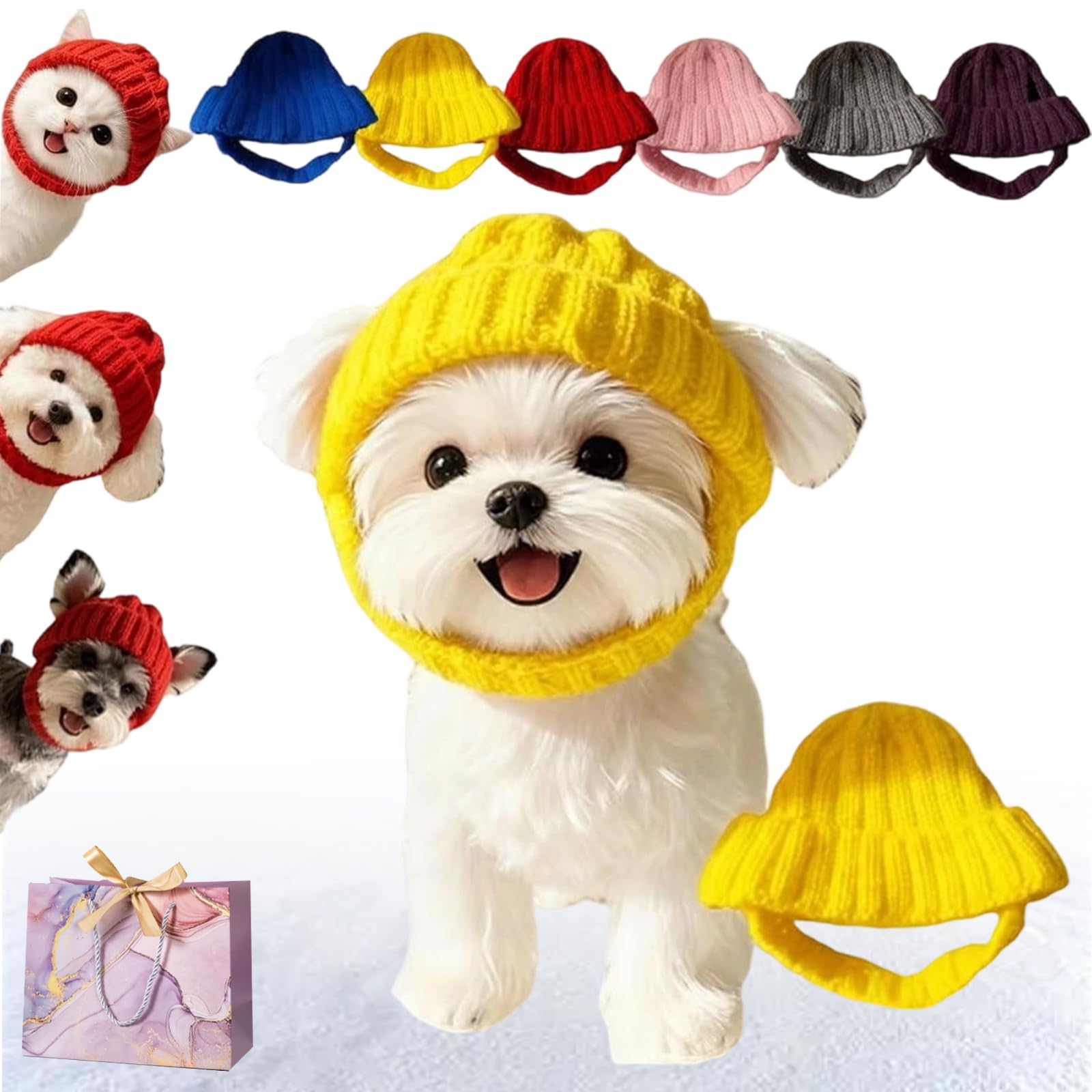 Red Wool Knit Dog Beanie with Ear Flaps – Warm Winter Hat, 2026 Soft Knitted Hat Pet Cap, Warm Knit Winter Cute Pet Wrap, Dog Headband with Ear Holes, for Cold Weather Windproof (Yellow)