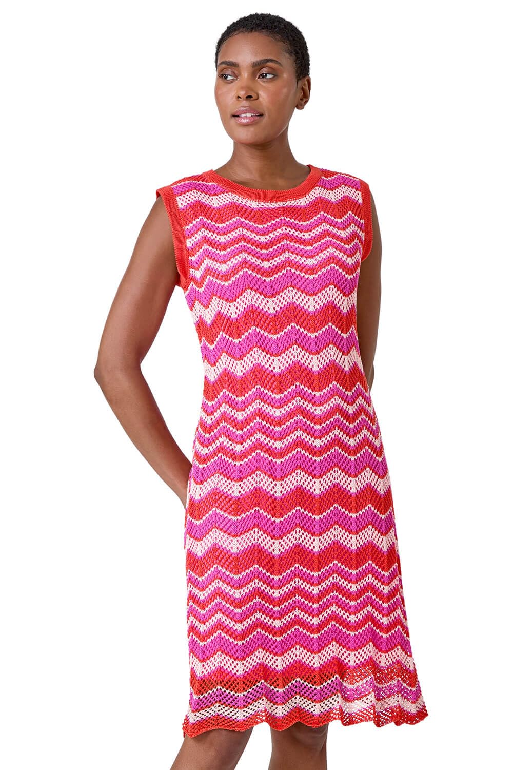 Roman - Women's - Knitted Dress - Size 14 - Pink - Zig Zag Print