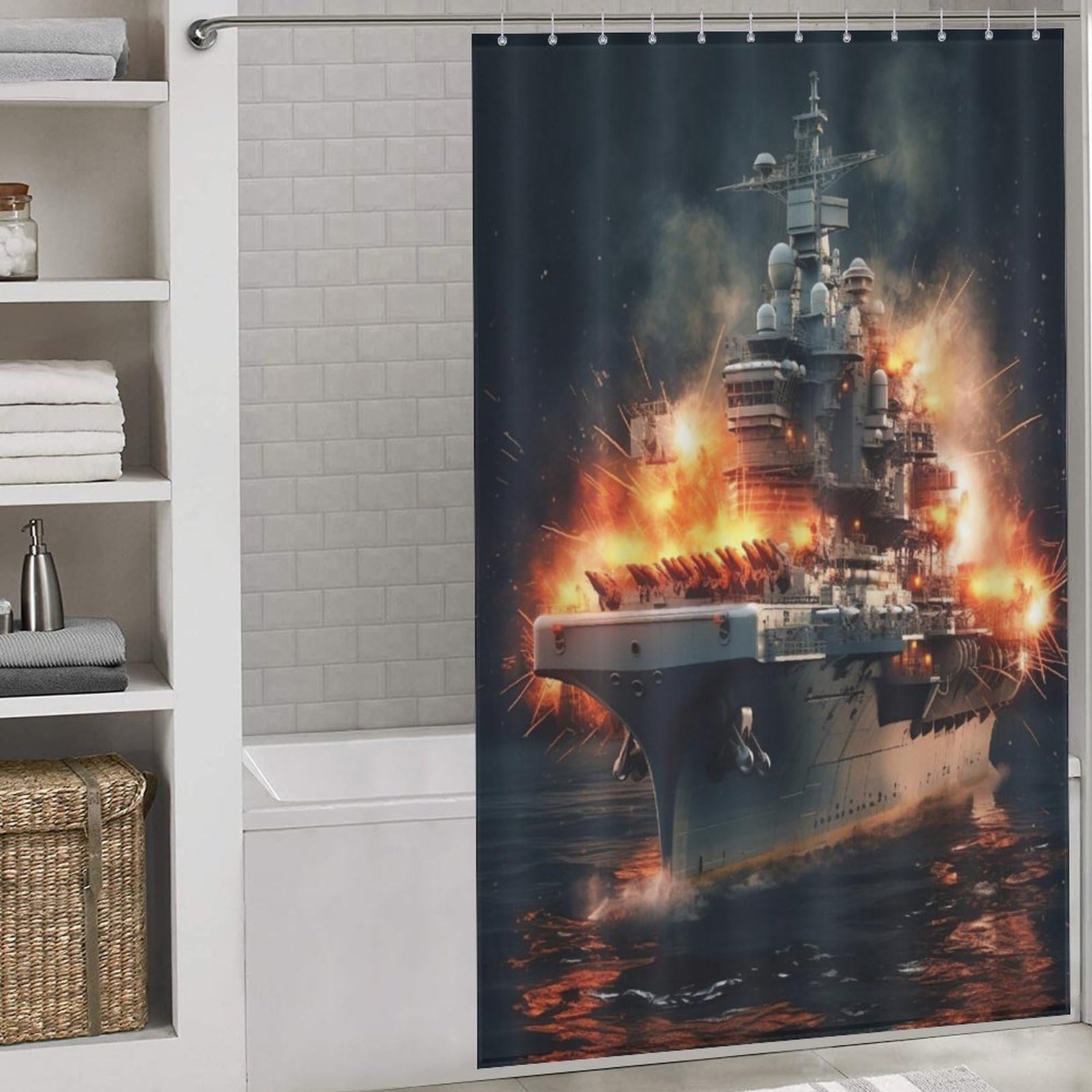 Rideau de douche navire de guerre en polyester imperméable 140x183cm pour baignoire