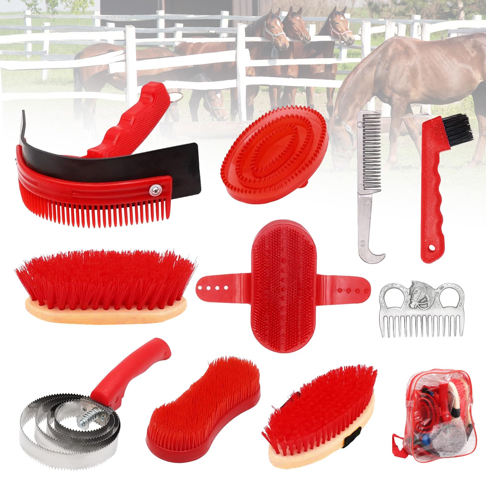 Cepillos Para Caballos, 10PCS Juego De Cuidado De Caballos Juego De Cuidado De Cepillos Kit De Cuidado De Caballos Limpieza De Caballos Cepillo Ecuestre Accesorios Con Bolsa De Almacenamiento