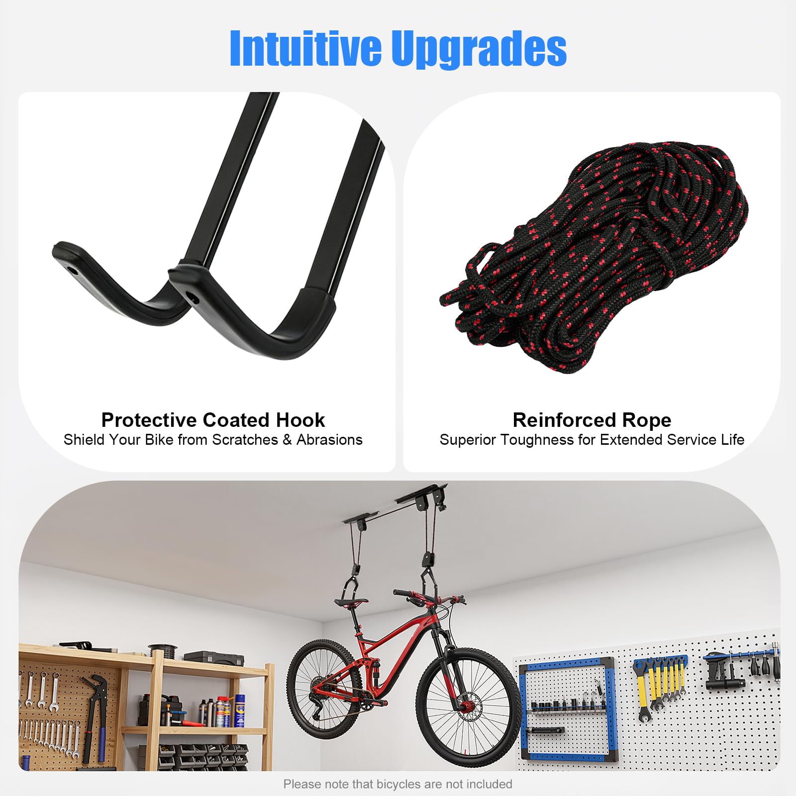 Sollevatore da soffitto per bicicletta da montare al soffitto, gancio universale per mountain bike, robusto supporto per bicicletta con sistema a fune, per riporre e riporre in modo salvaspazio e da